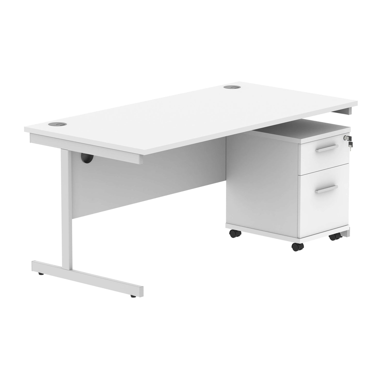 Single Upright Rectangular Desk + 2 Drawer Mobile Under Desk Pedestal (FSC) | 1600 X 800 | Arctic White/Silver