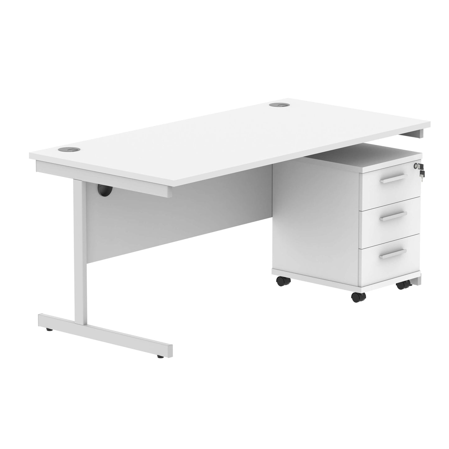 Single Upright Rectangular Desk + 3 Drawer Mobile Under Desk Pedestal (FSC) | 1600 X 800 | Arctic White/Silver