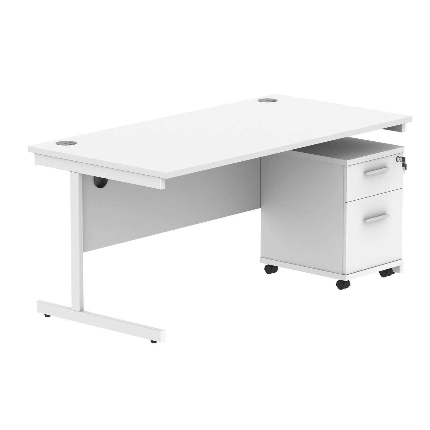 Single Upright Rectangular Desk + 2 Drawer Mobile Under Desk Pedestal (FSC) | 1600 X 800 | Arctic White/White
