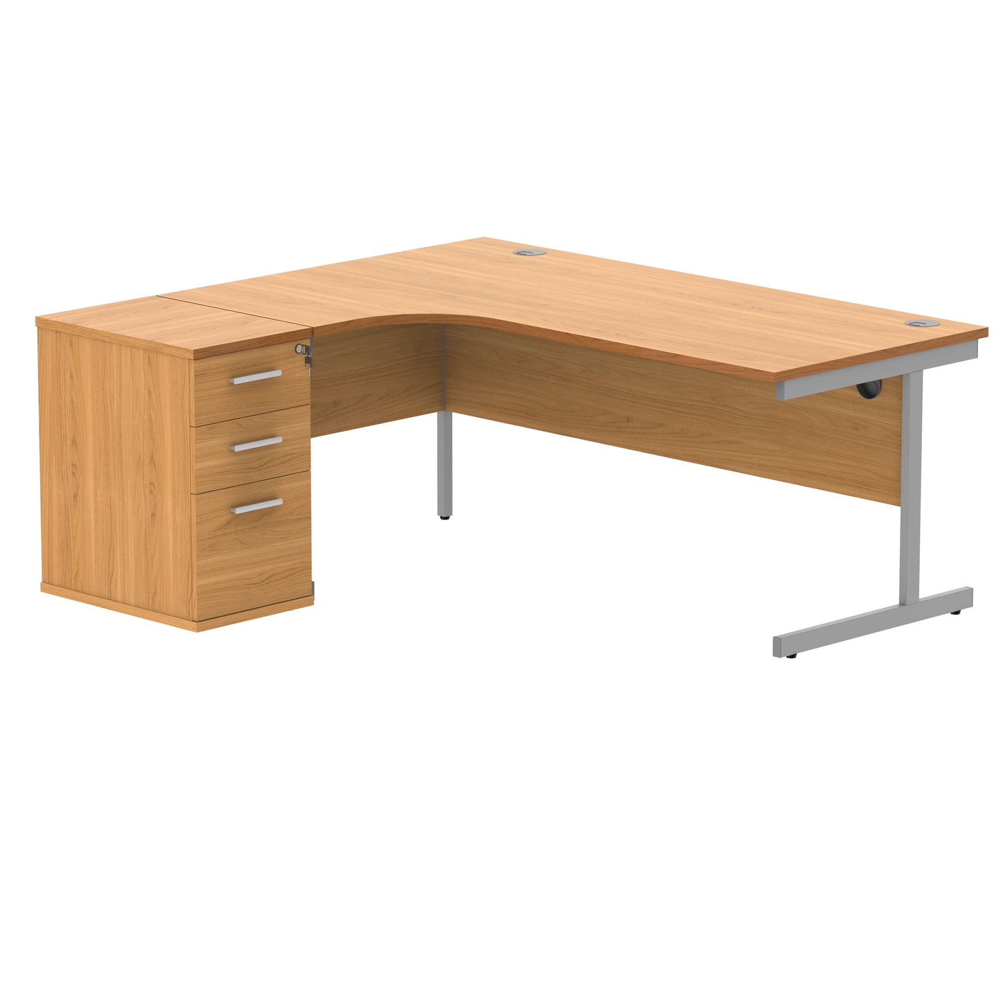 Single Upright Left Hand Radial Desk + Desk High Pedestal (FSC) | 600mm Deep Pedestal | 1800 X 1200 | Norwegian Beech/Silver