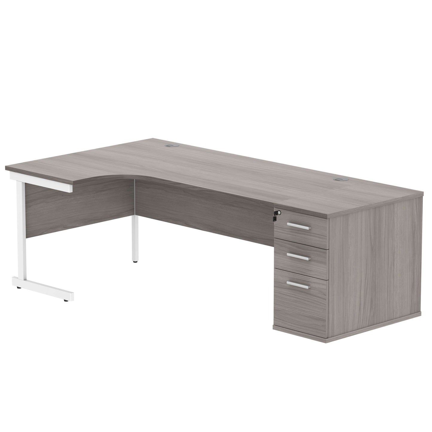 Single Upright Left Hand Radial Desk + Desk High Pedestal (FSC) | 800mm Deep Pedestal | 1800 X 1200 | Alaskan Grey Oak/White