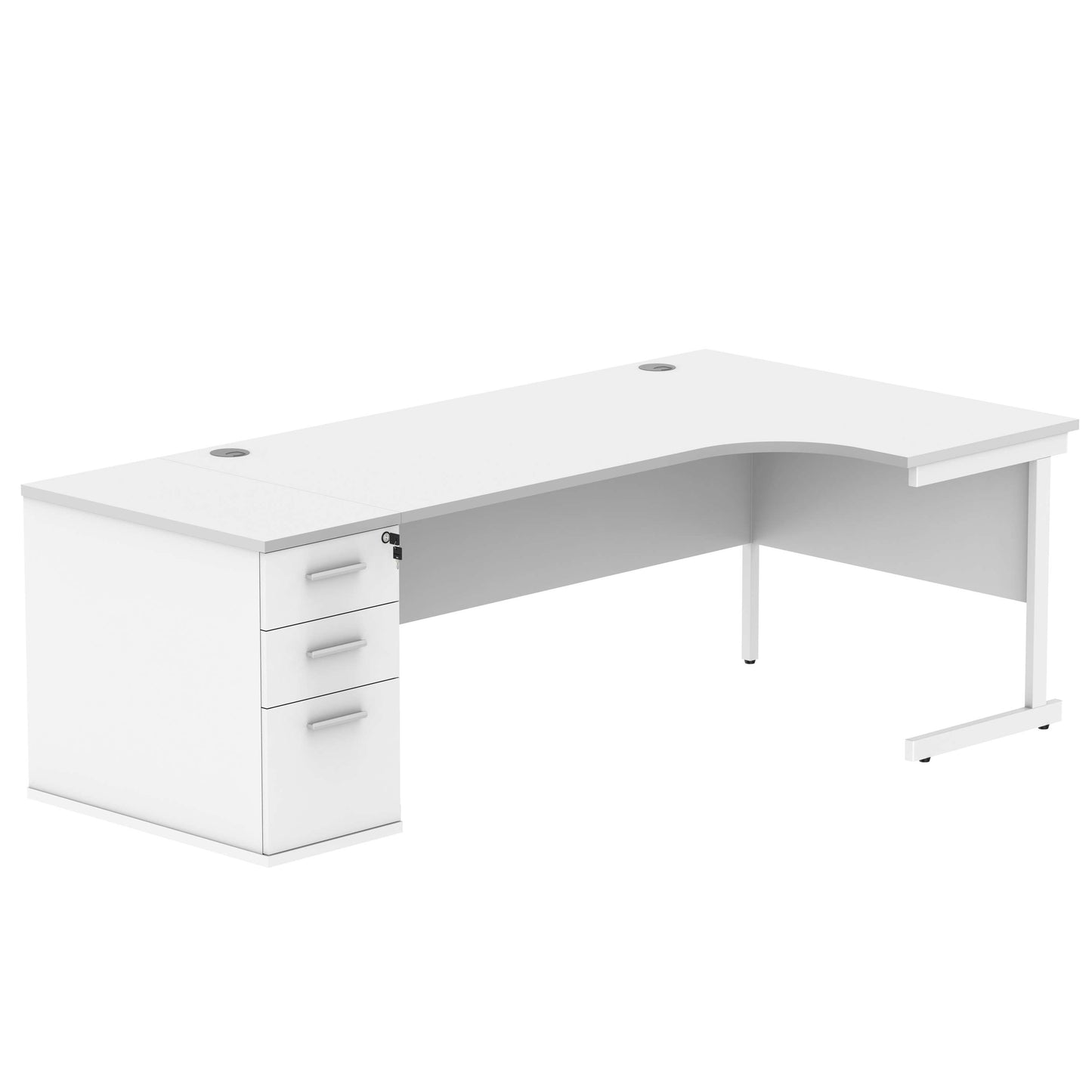 Single Upright Right Hand Radial Desk + Desk High Pedestal (FSC) | 800mm Deep Pedestal | 1800 X 1200 | Arctic White/White