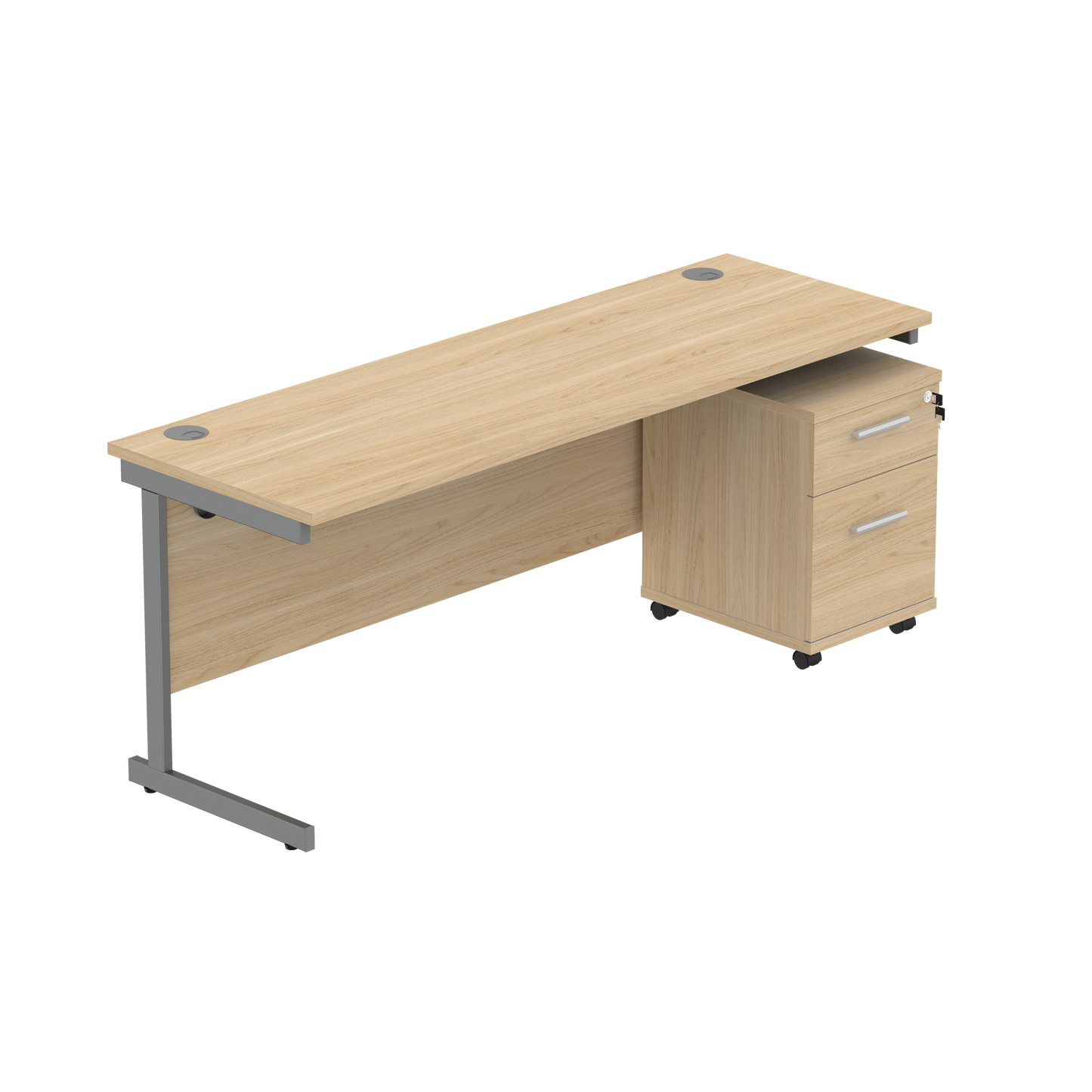 Single Upright Rectangular Desk + 2 Drawer Mobile Under Desk Pedestal (FSC) | 1800 X 600 | Canadian Oak/Graphite