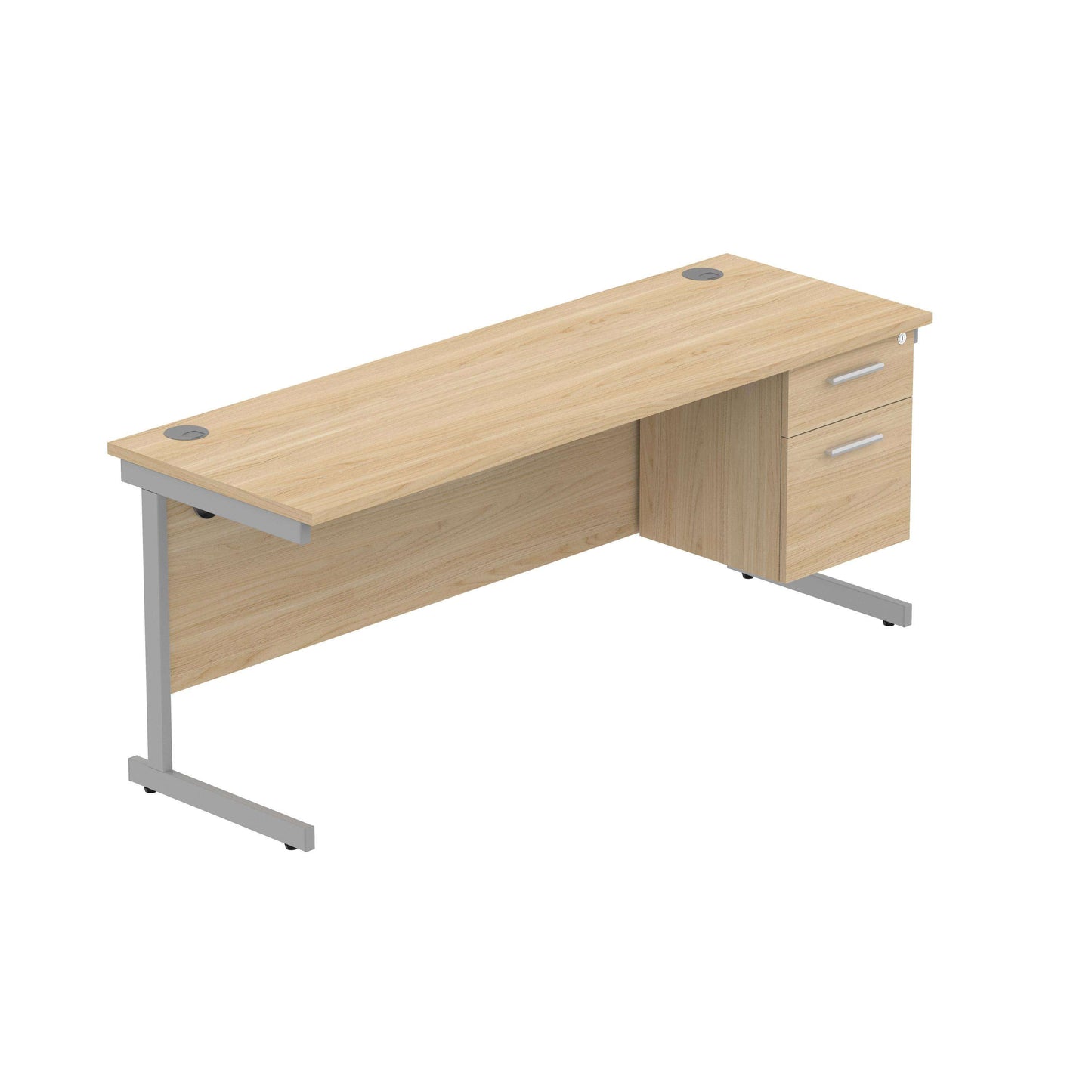 Office Rectangular Desk with Steel Single Upright Cantilever Legs + 2 Drawer Fixed Pedestal (FSC) | 1800X600 | Canadian Oak/Silver