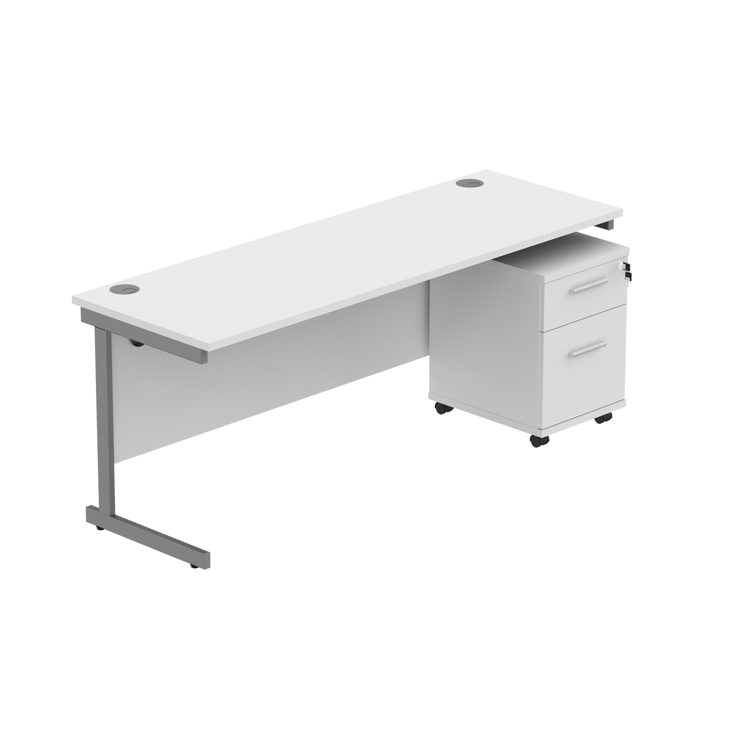 Single Upright Rectangular Desk + 2 Drawer Mobile Under Desk Pedestal (FSC) | 1800 X 600 | Arctic White/Graphite