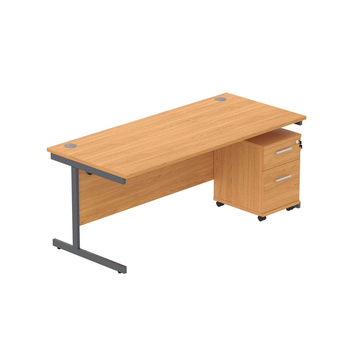 Single Upright Rectangular Desk + 2 Drawer Mobile Under Desk Pedestal (FSC) | 1800 X 800 | Norwegian Beech/Graphite