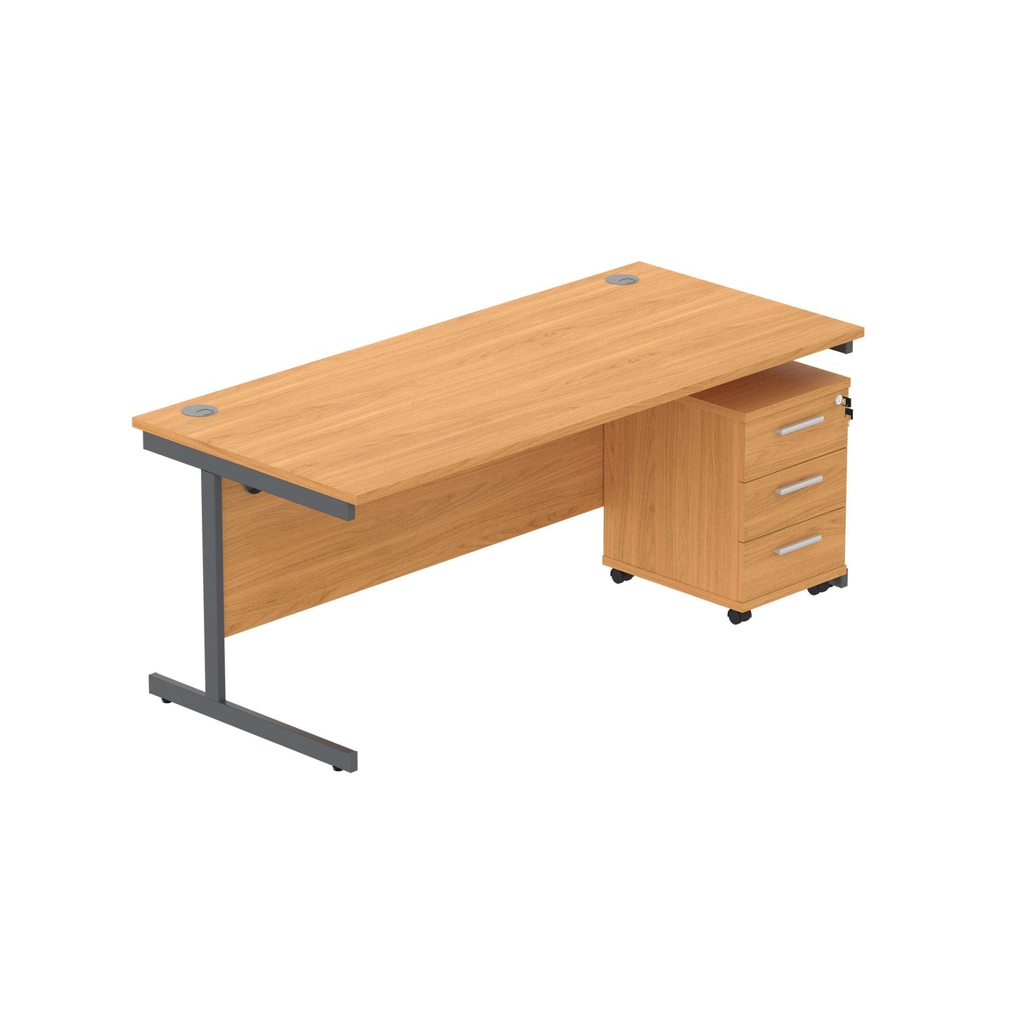 Single Upright Rectangular Desk + 3 Drawer Mobile Under Desk Pedestal (FSC) | 1800 X 800 | Norwegian Beech/Graphite