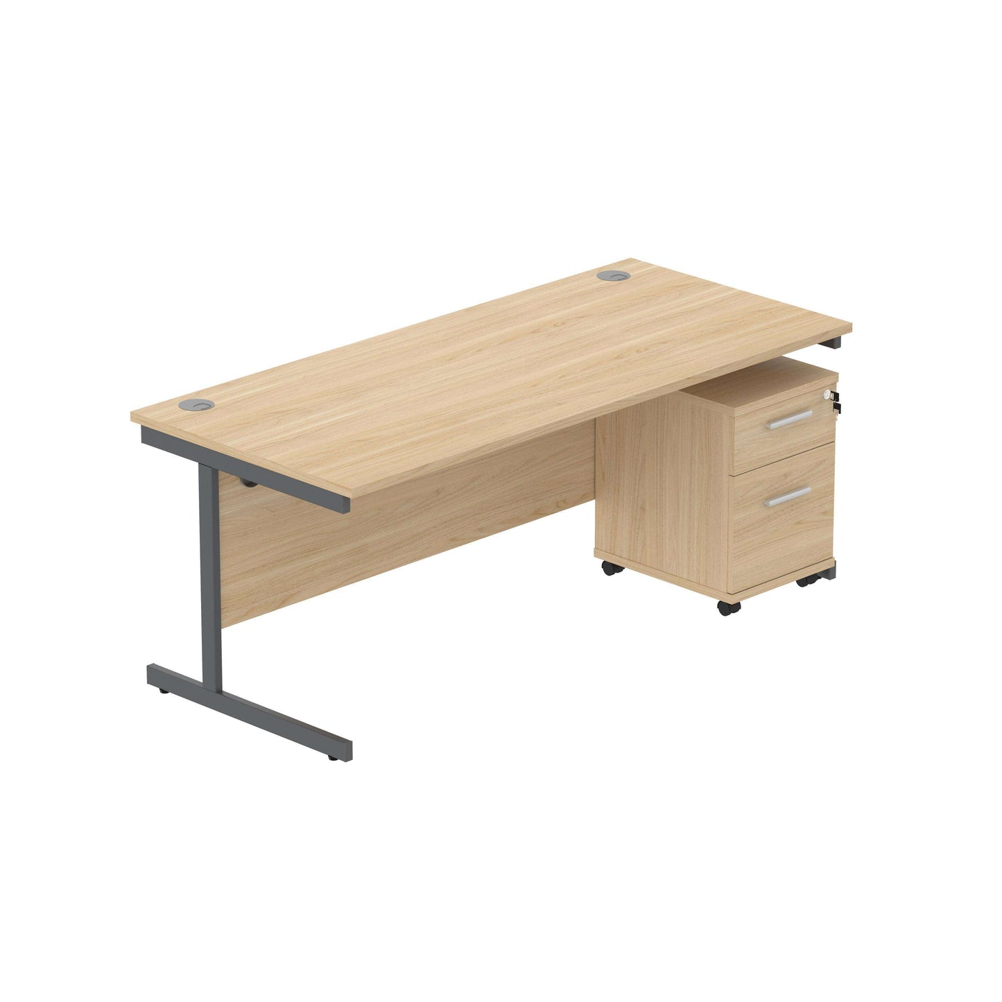 Single Upright Rectangular Desk + 2 Drawer Mobile Under Desk Pedestal (FSC) | 1800 X 800 | Canadian Oak/Graphite