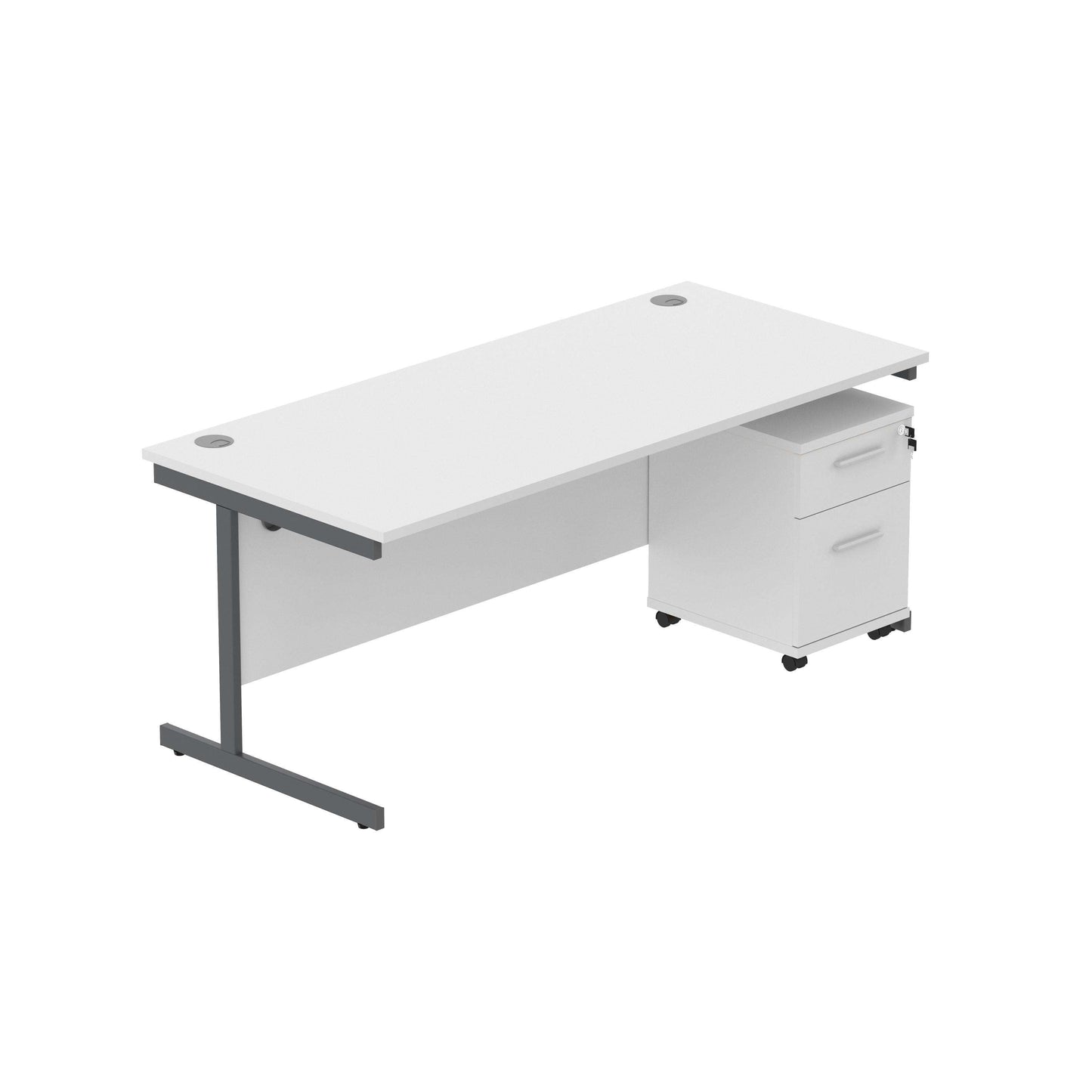 Single Upright Rectangular Desk + 2 Drawer Mobile Under Desk Pedestal (FSC) | 1800 X 800 | Arctic White/Graphite