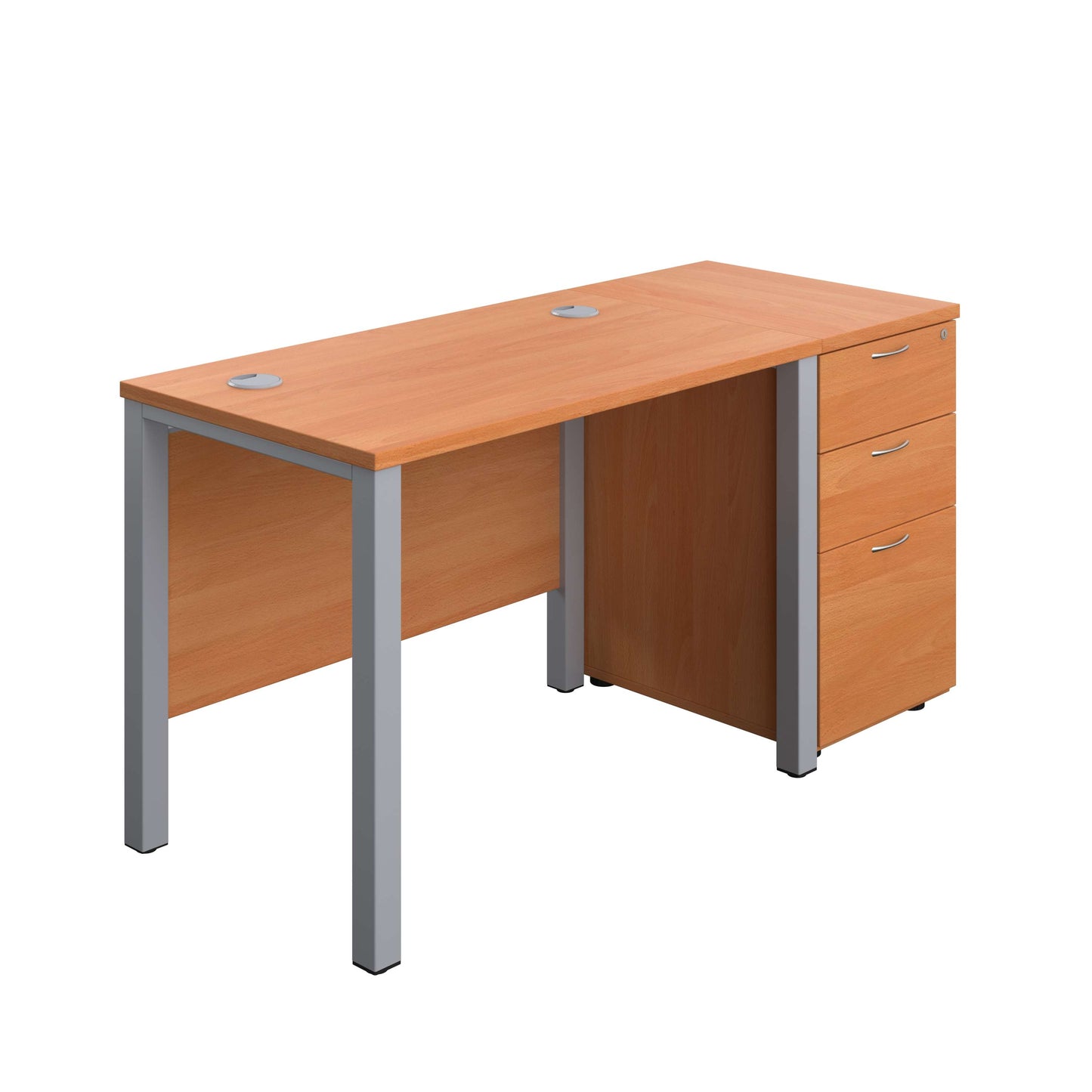 Goal Post Rectangular Desk + 3 Drawer Desk High Pedestal (FSC) | 1000x600 | Beech/Silver