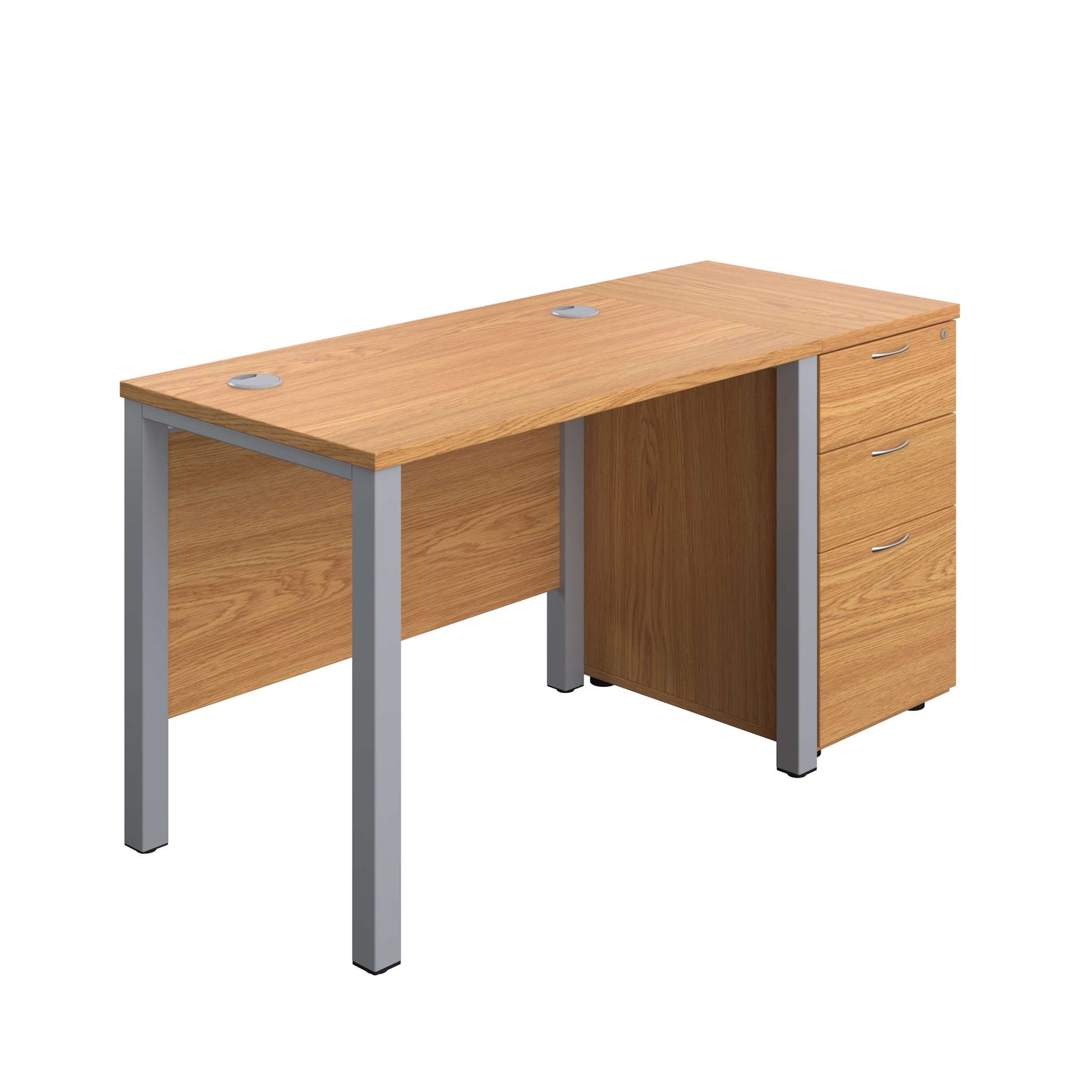 Goal Post Rectangular Desk + 3 Drawer Desk High Pedestal (FSC) | 1000x600 | Nova oak/Silver
