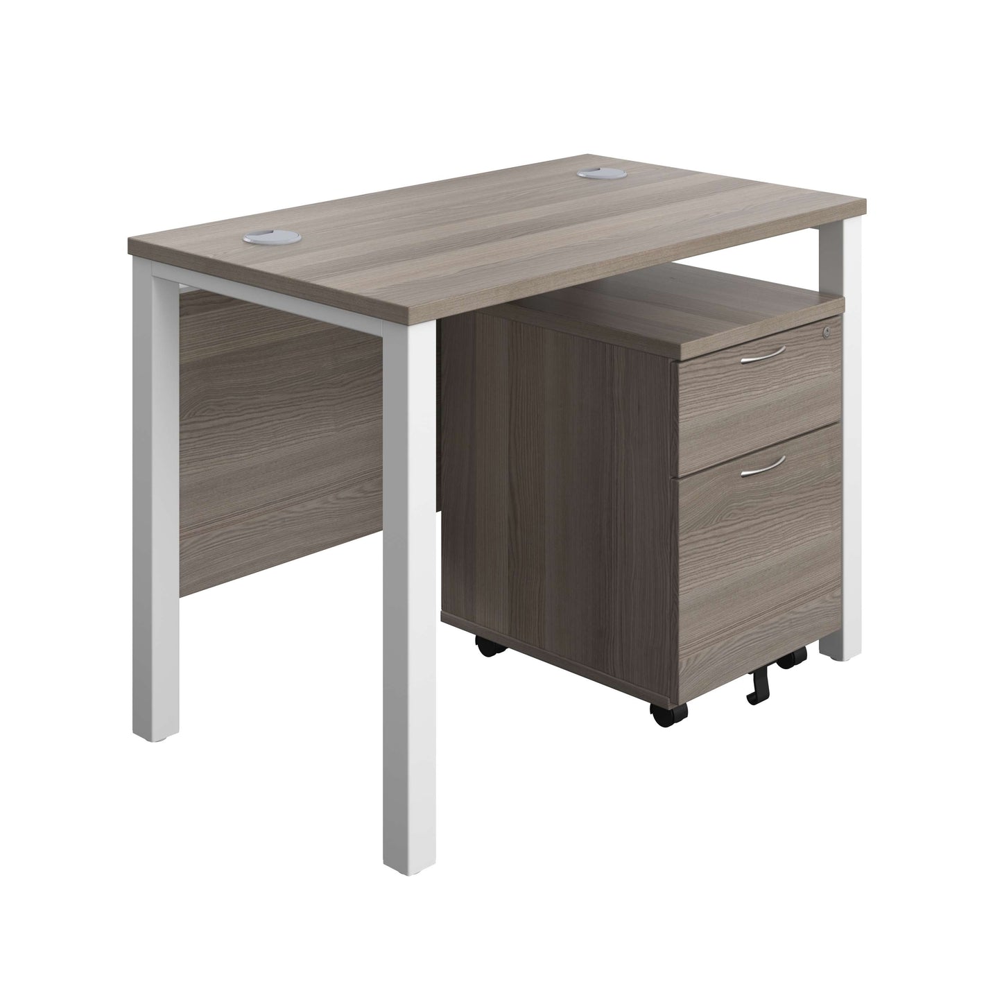 Goal Post Rectangular Desk + 2 Drawer Mobile Pedestal (FSC) | 1000x600 | Grey oak/White