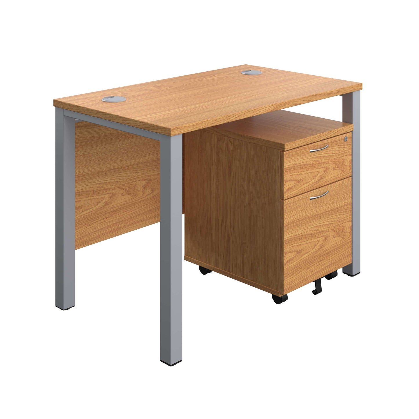 Goal Post Rectangular Desk + 2 Drawer Mobile Pedestal (FSC) | 1000x600 | Nova oak/Silver