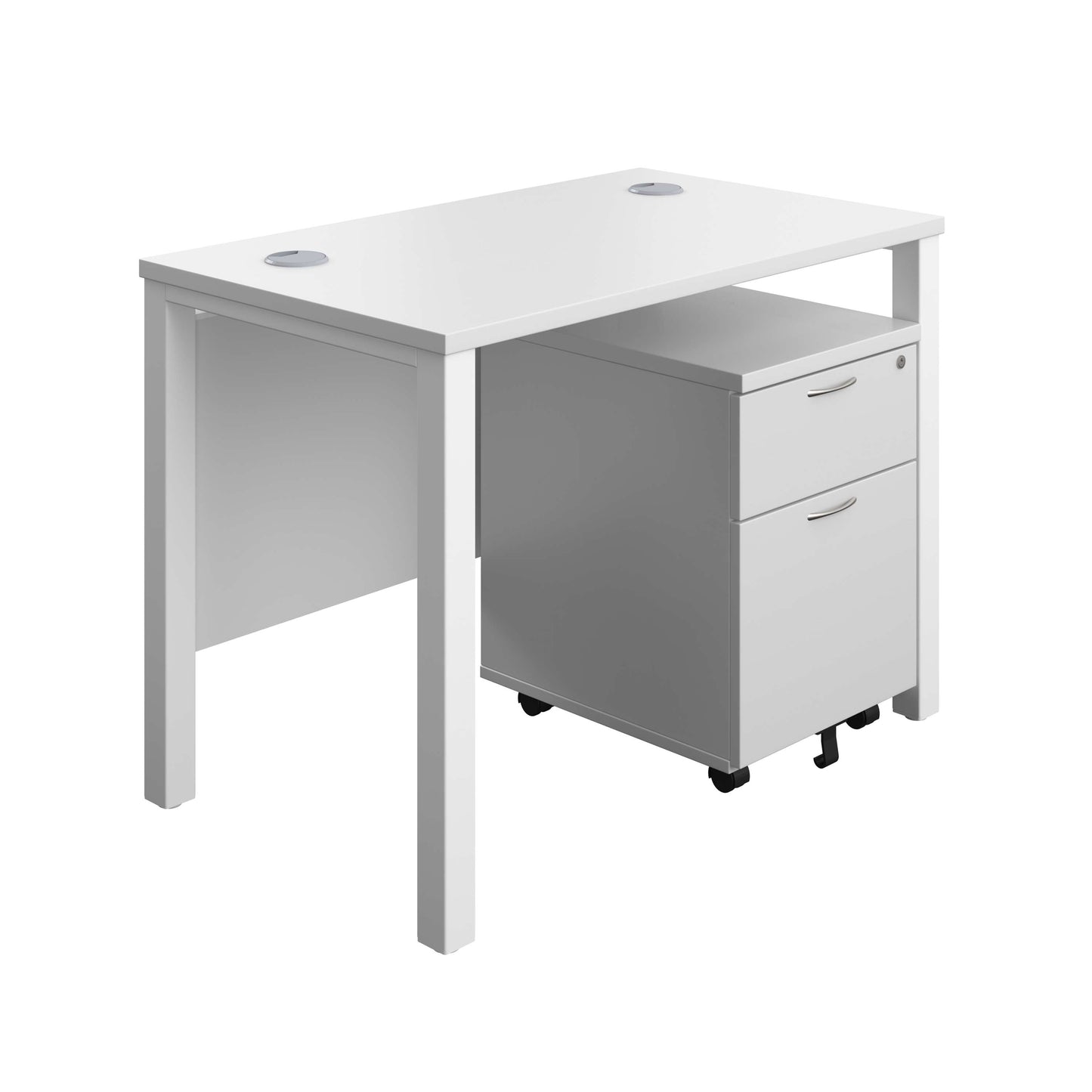 Goal Post Rectangular Desk + 2 Drawer Mobile Pedestal (FSC) | 1000x600 | White/White