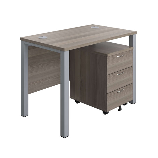 Goal Post Rectangular Desk + 3 Drawer Mobile Pedestal (FSC) | 1000x600 | Grey oak/Silver