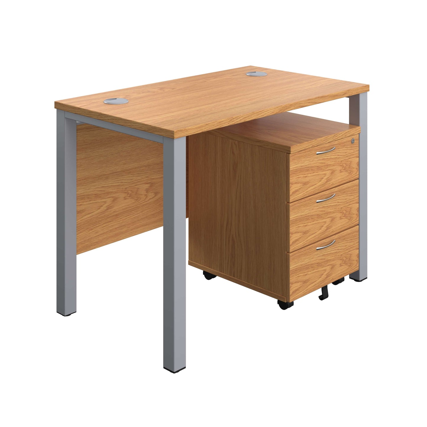 Goal Post Rectangular Desk + 3 Drawer Mobile Pedestal (FSC) | 1000x600 | Nova oak/Silver