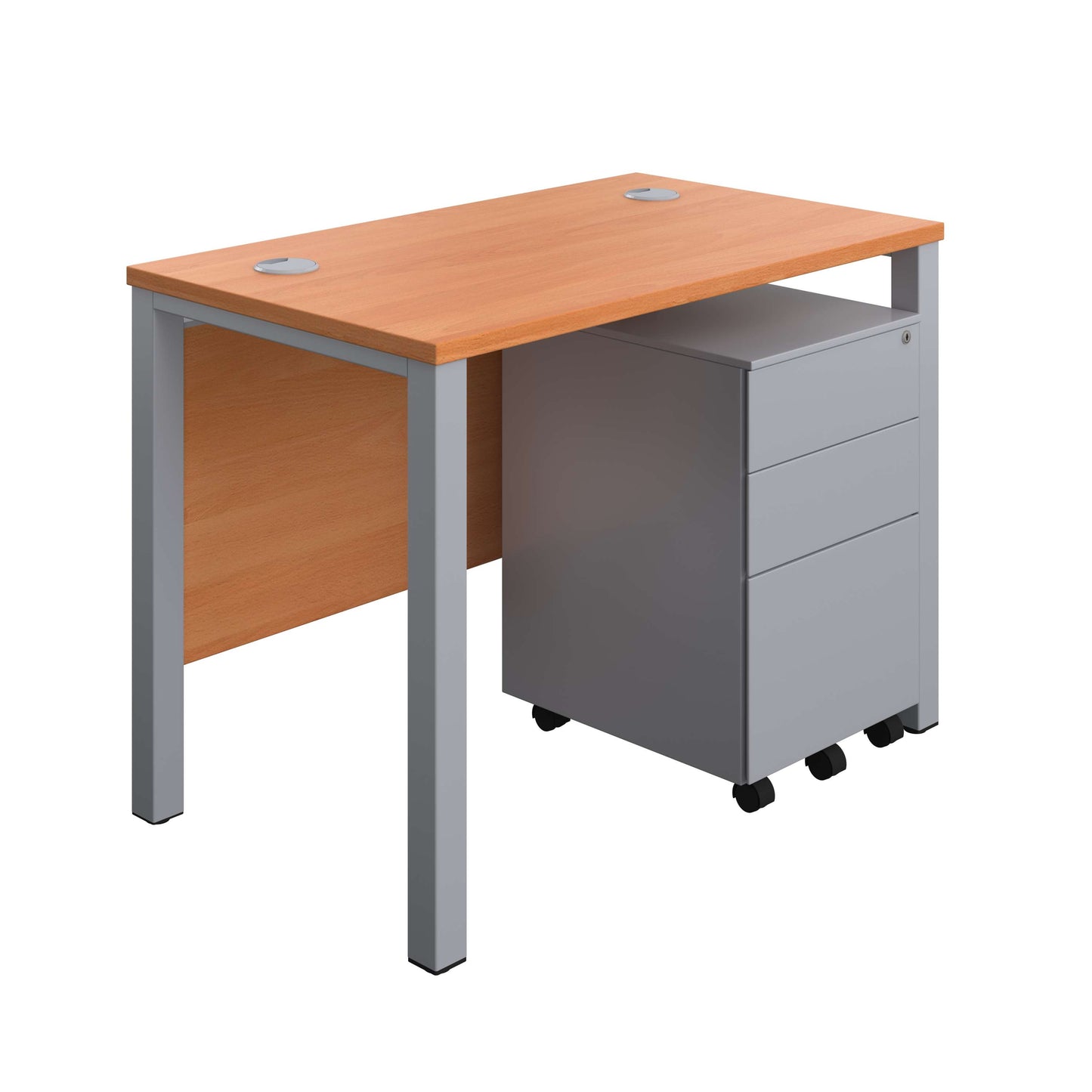 Goal Post Rectangular Desk + 3 Drawer Steel Pedestal (FSC) | 1000x600 | Beech/Silver