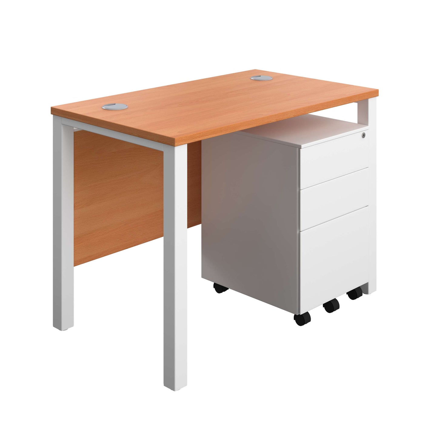 Goal Post Rectangular Desk + 3 Drawer Steel Pedestal (FSC) | 1000x600 | Beech/White
