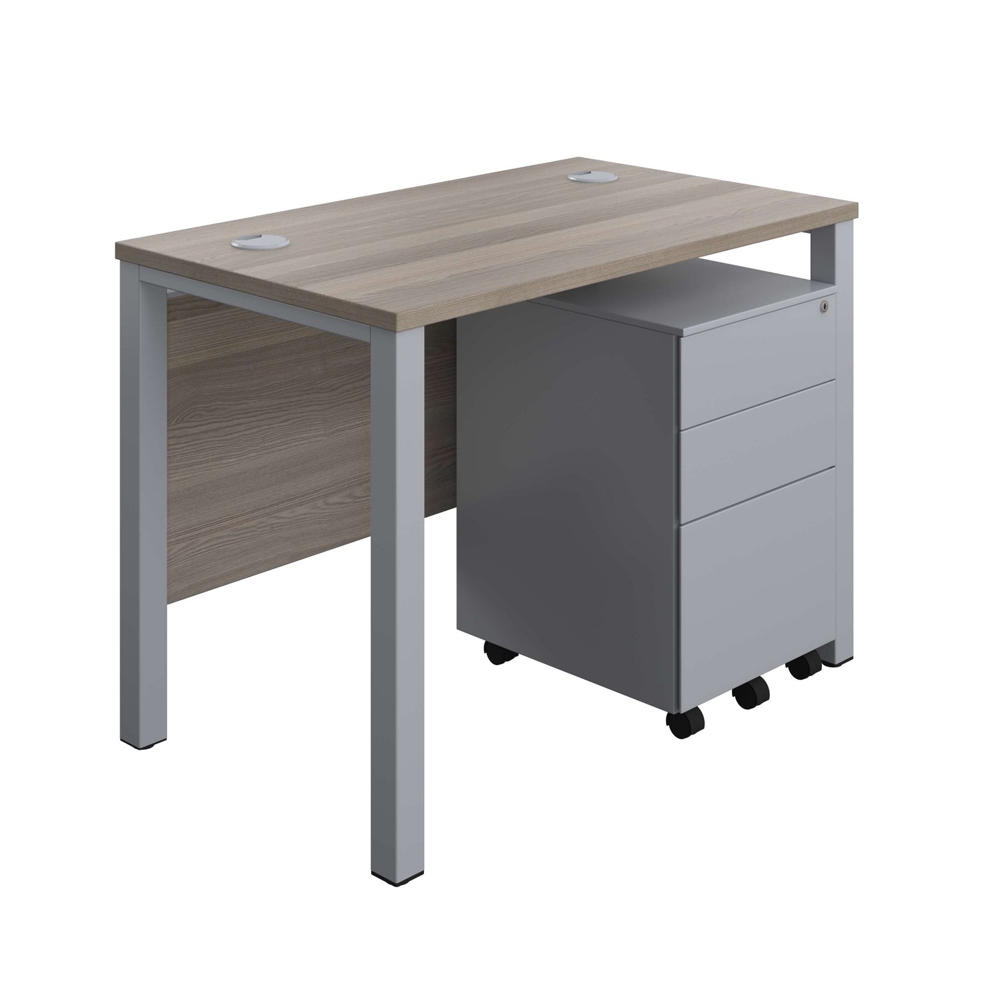 Goal Post Rectangular Desk + 3 Drawer Steel Pedestal (FSC) | 1000x600 | Grey oak/Silver