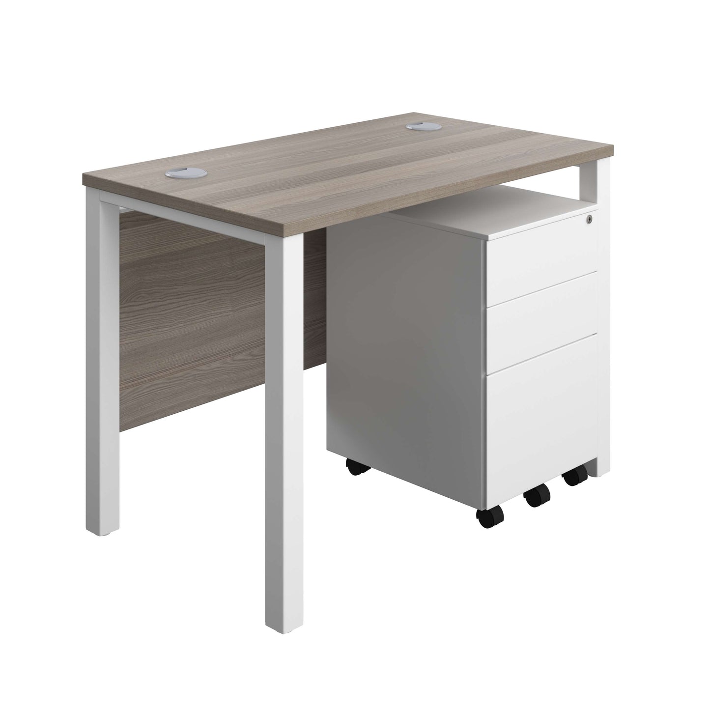 Goal Post Rectangular Desk + 3 Drawer Steel Pedestal (FSC) | 1000x600 | Grey oak/White