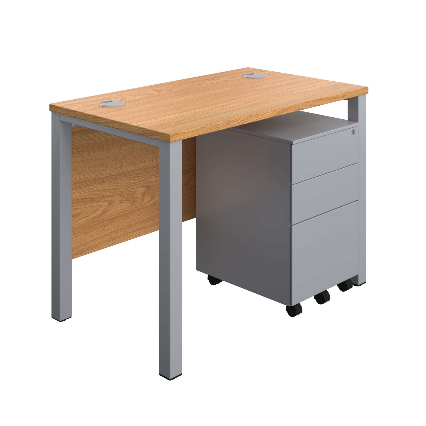Goal Post Rectangular Desk + 3 Drawer Steel Pedestal (FSC) | 1000x600 | Nova oak/Silver