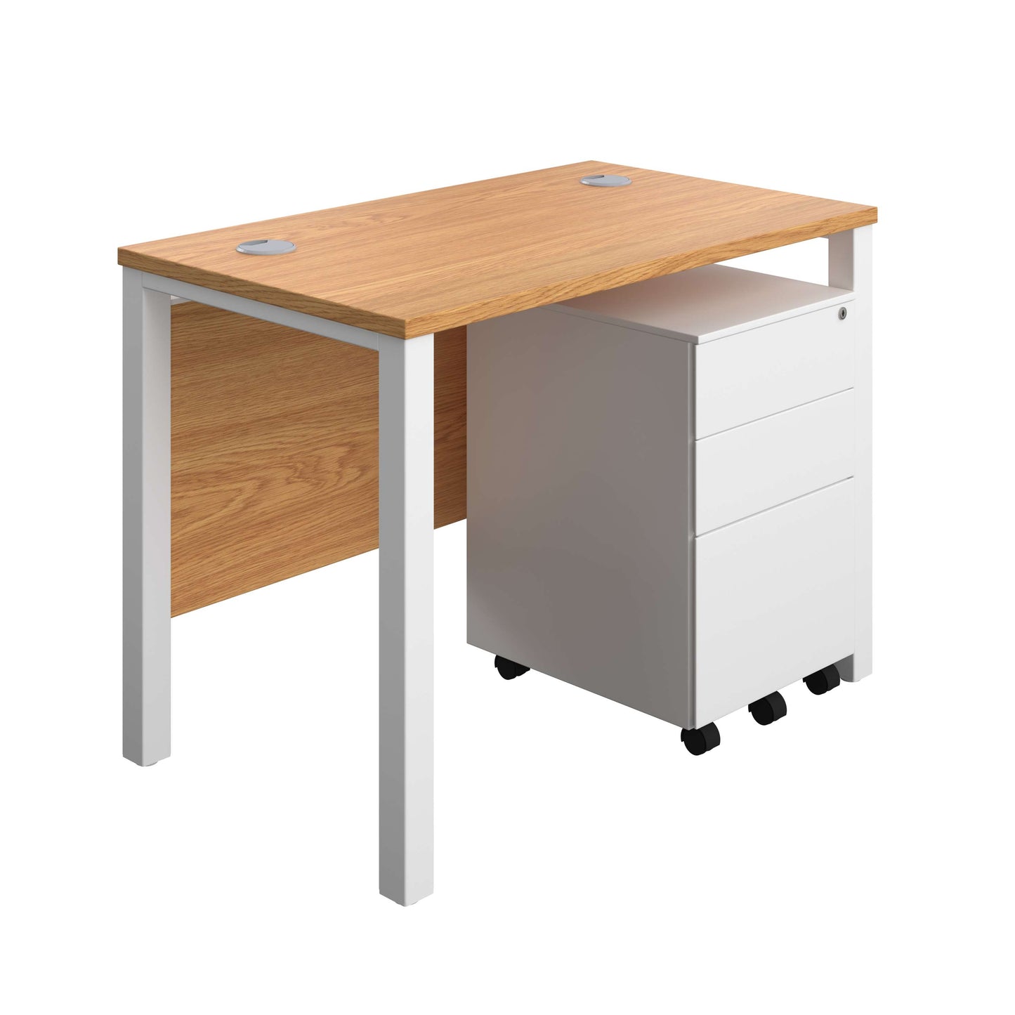 Goal Post Rectangular Desk + 3 Drawer Steel Pedestal (FSC) | 1000x600 | Nova oak/White