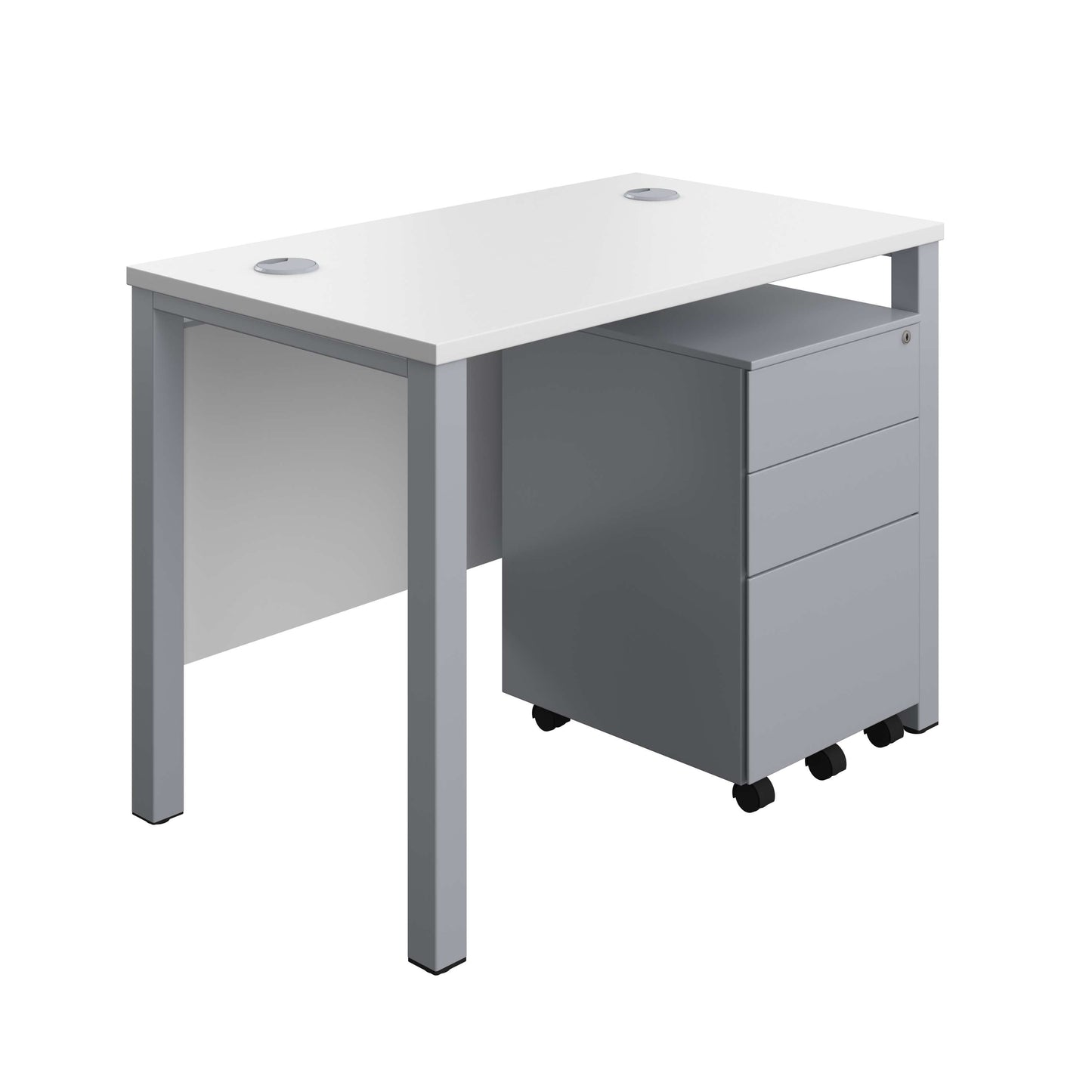 Goal Post Rectangular Desk + 3 Drawer Steel Pedestal (FSC) | 1000x600 | White/Silver