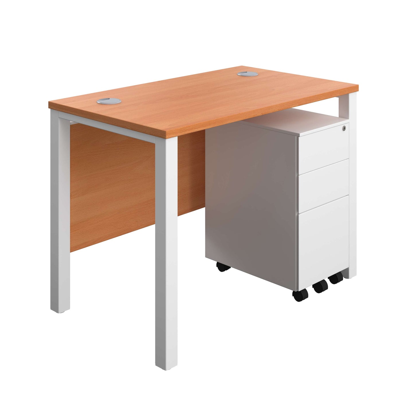 Goal Post Rectangular Desk + 3 Drawer Slimline Steel Pedestal (FSC) | 1000x600 | Beech/White