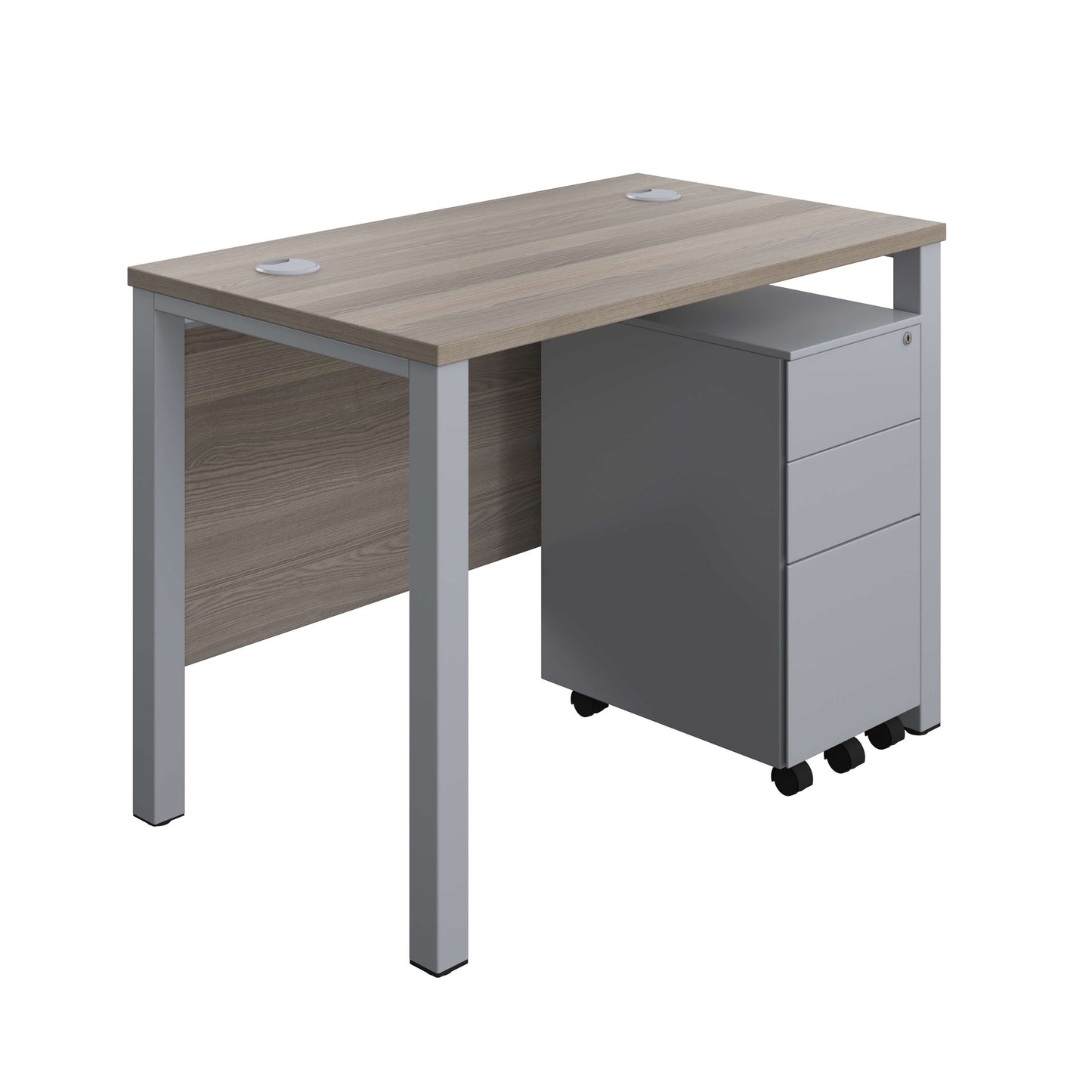 Goal Post Rectangular Desk + 3 Drawer Slimline Steel Pedestal (FSC) | 1000x600 | Grey oak/Silver