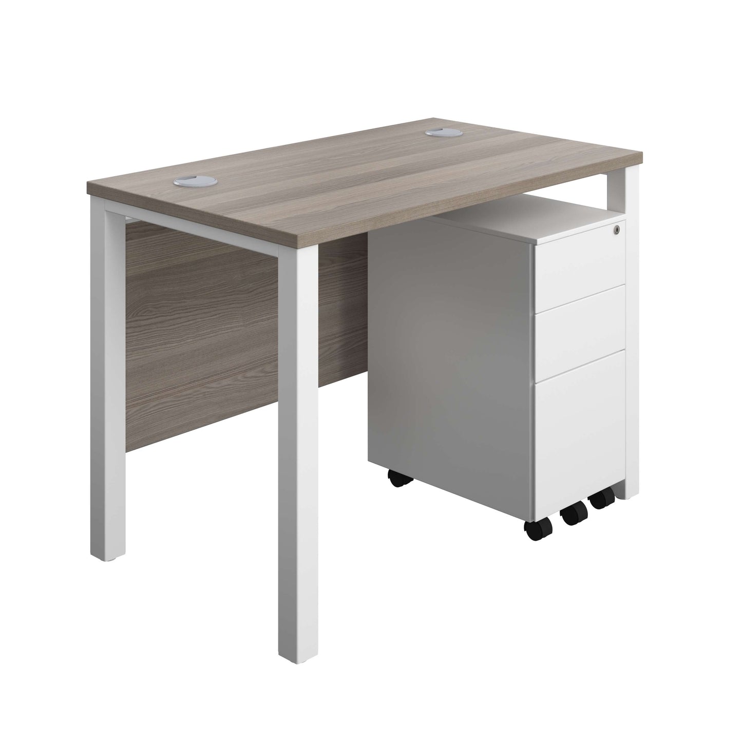Goal Post Rectangular Desk + 3 Drawer Slimline Steel Pedestal (FSC) | 1000x600 | Grey oak/White