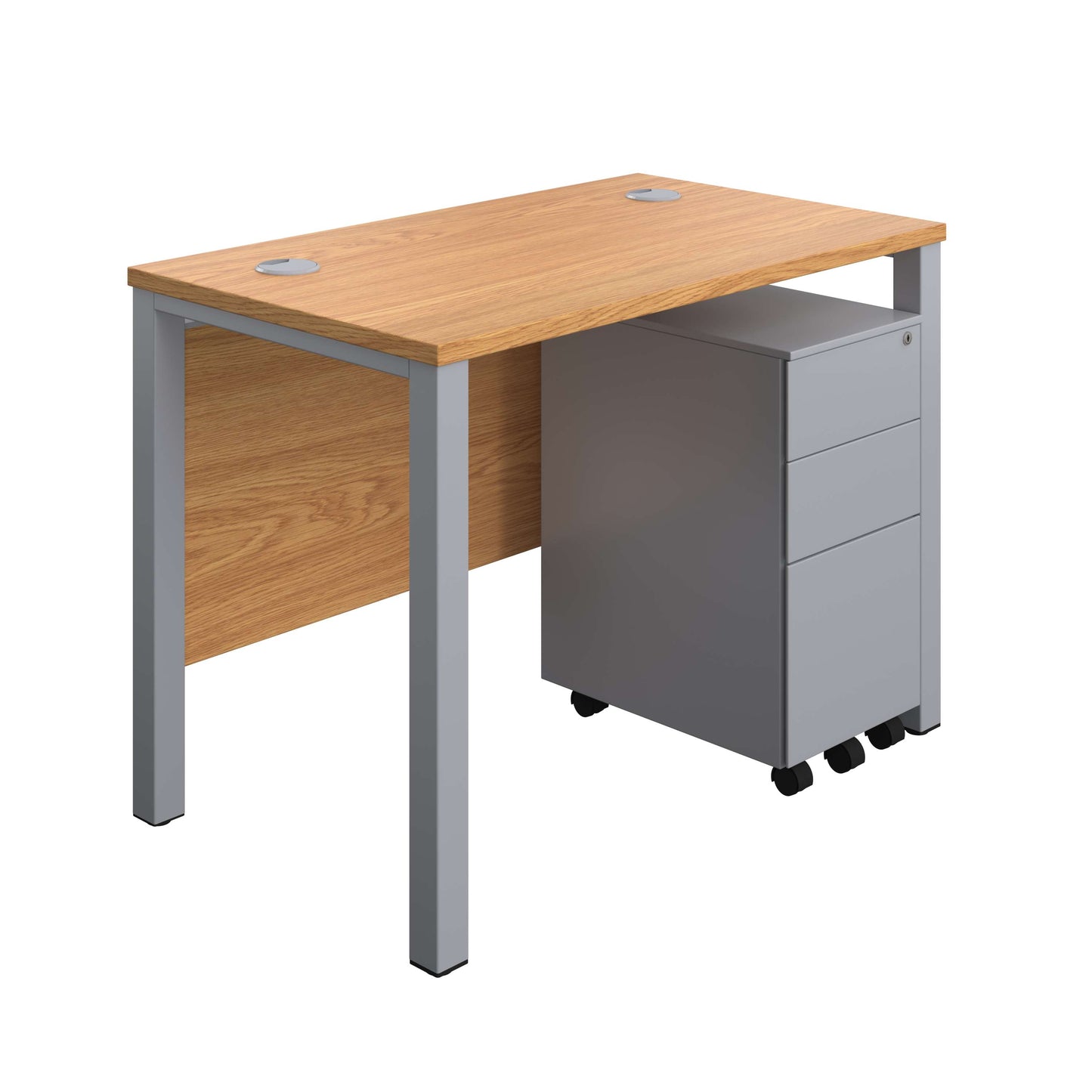 Goal Post Rectangular Desk + 3 Drawer Slimline Steel Pedestal (FSC) | 1000x600 | Nova oak/Silver