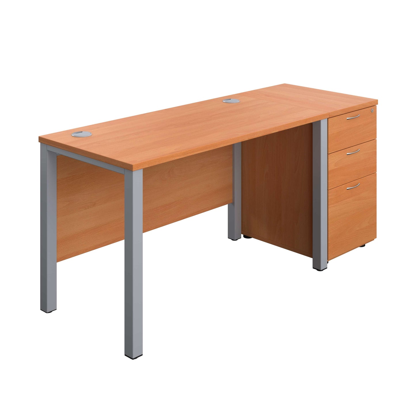 Goal Post Rectangular Desk + 3 Drawer Desk High Pedestal (FSC) | 1200x600 | Beech/Silver