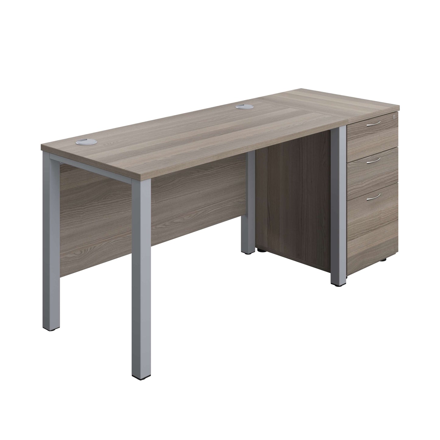 Goal Post Rectangular Desk + 3 Drawer Desk High Pedestal (FSC) | 1200x600 | Grey oak/Silver