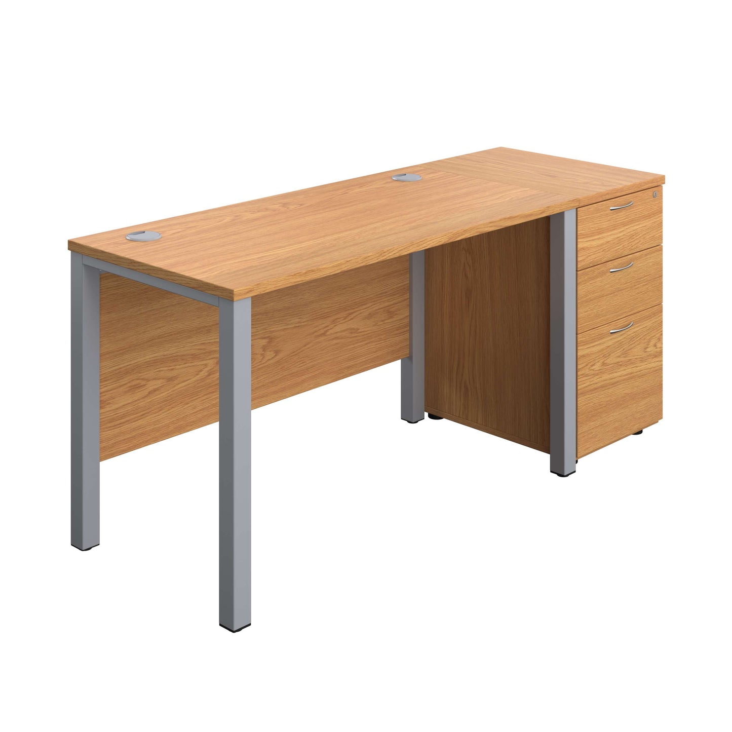Goal Post Rectangular Desk + 3 Drawer Desk High Pedestal (FSC) | 1200x600 | Nova oak/Silver