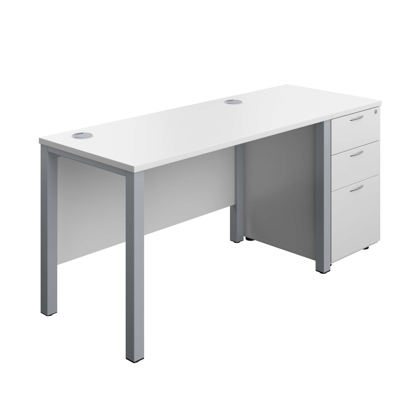 Goal Post Rectangular Desk + 3 Drawer Desk High Pedestal (FSC) | 1200x600 | White/Silver