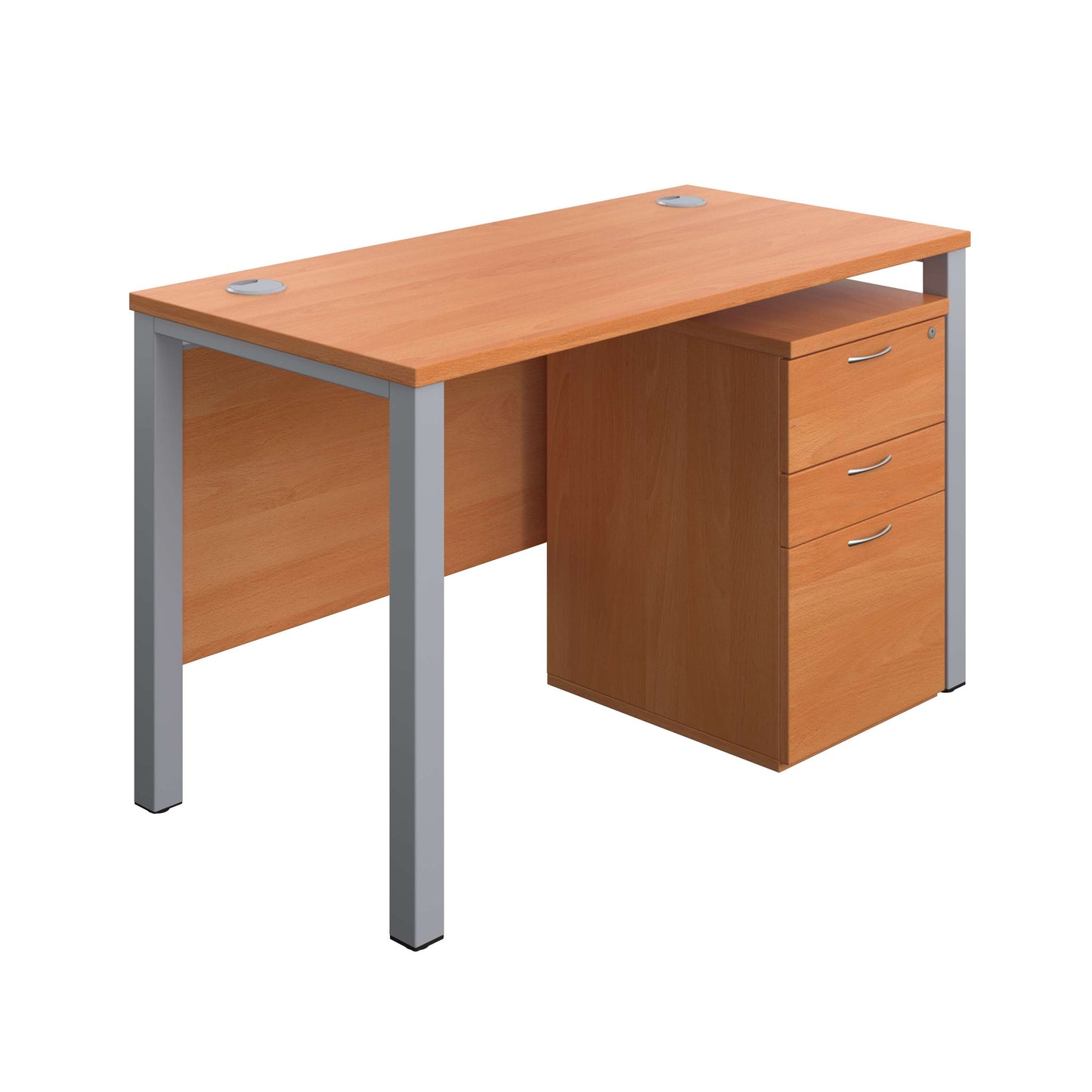 Goal Post Rectangular Desk + 3 Drawer High Mobile Pedestal (FSC) | 1200x600 | Beech/Silver