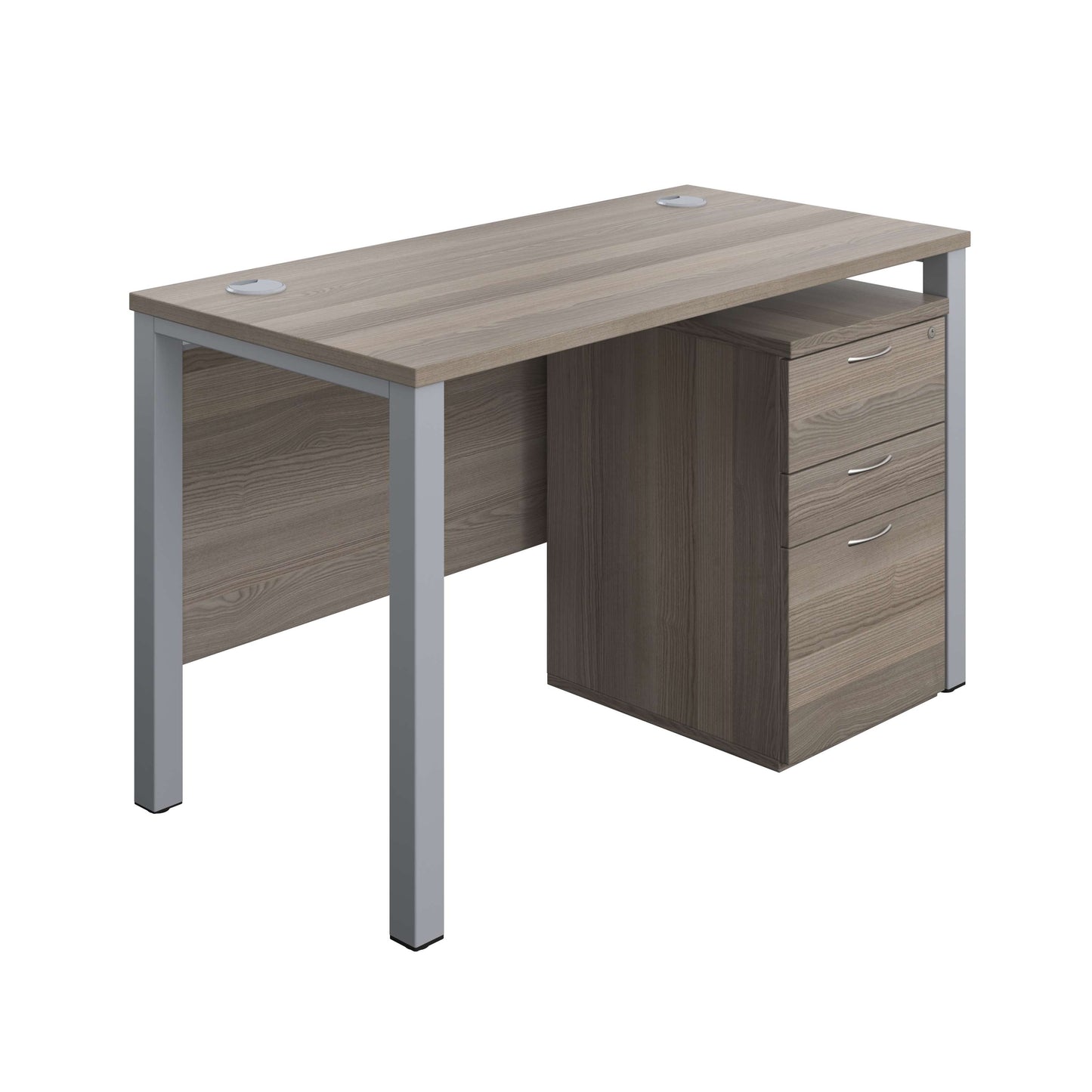 Goal Post Rectangular Desk + 3 Drawer High Mobile Pedestal (FSC) | 1200x600 | Grey oak/Silver