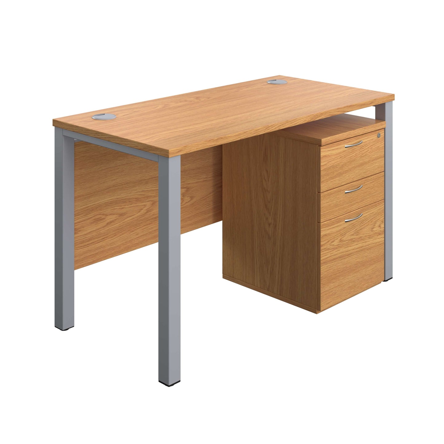 Goal Post Rectangular Desk + 3 Drawer High Mobile Pedestal (FSC) | 1200x600 | Nova oak/Silver