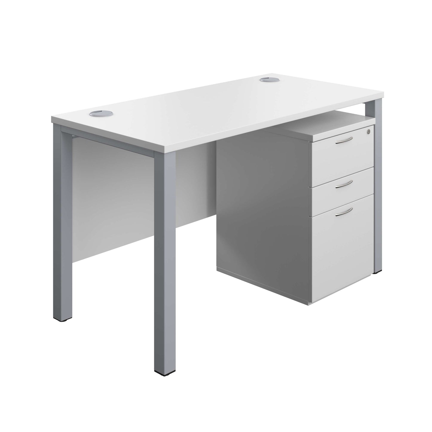 Goal Post Rectangular Desk + 3 Drawer High Mobile Pedestal (FSC) | 1200x600 | White/Silver