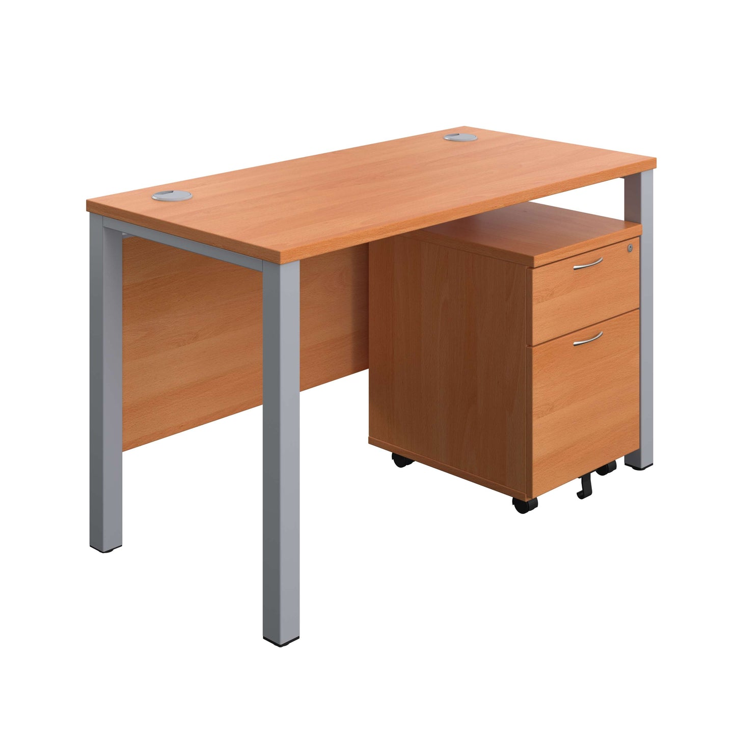 Goal Post Rectangular Desk + 2 Drawer Mobile Pedestal (FSC) | 1200x600 | Beech/Silver
