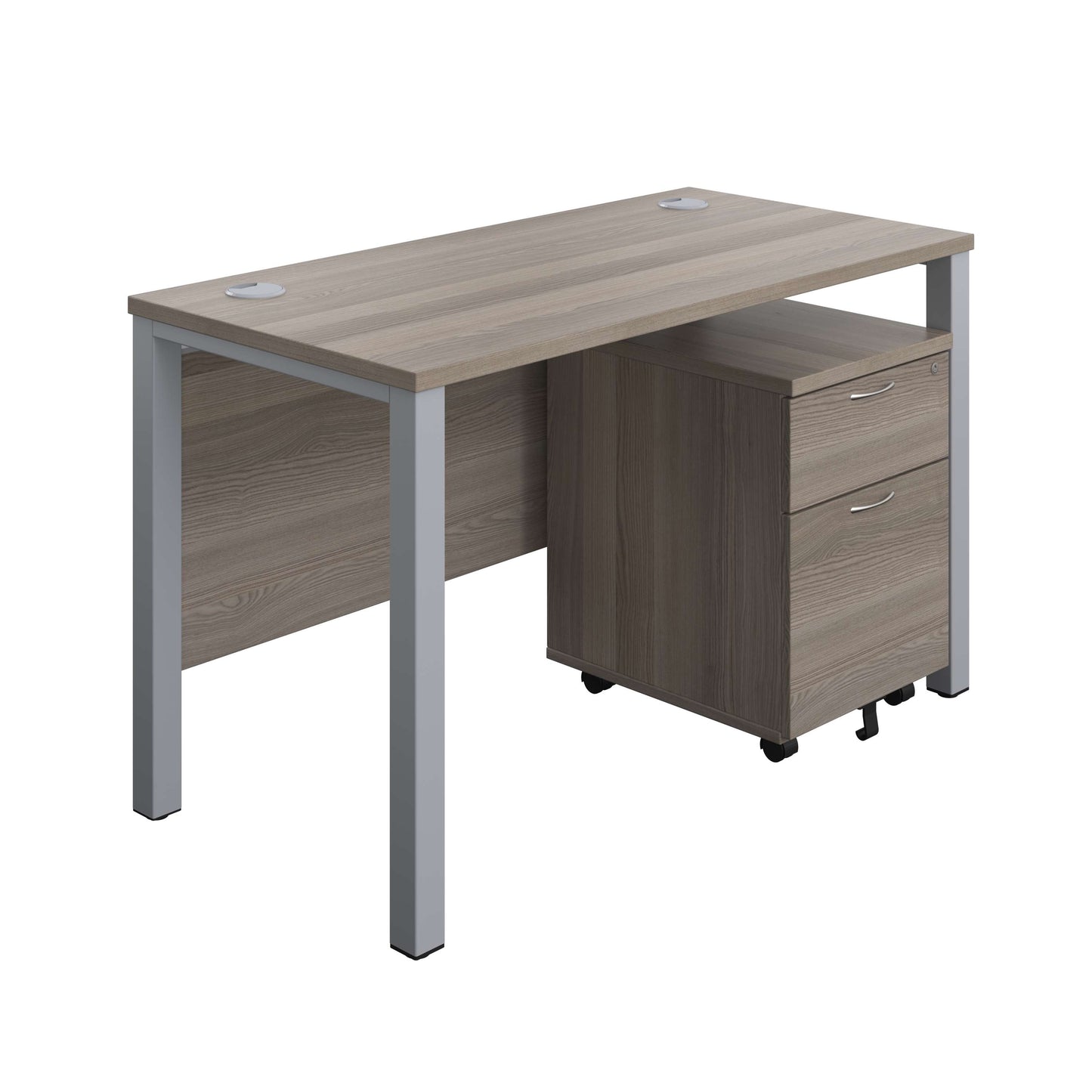 Goal Post Rectangular Desk + 2 Drawer Mobile Pedestal (FSC) | 1200x600 | Grey oak/Silver