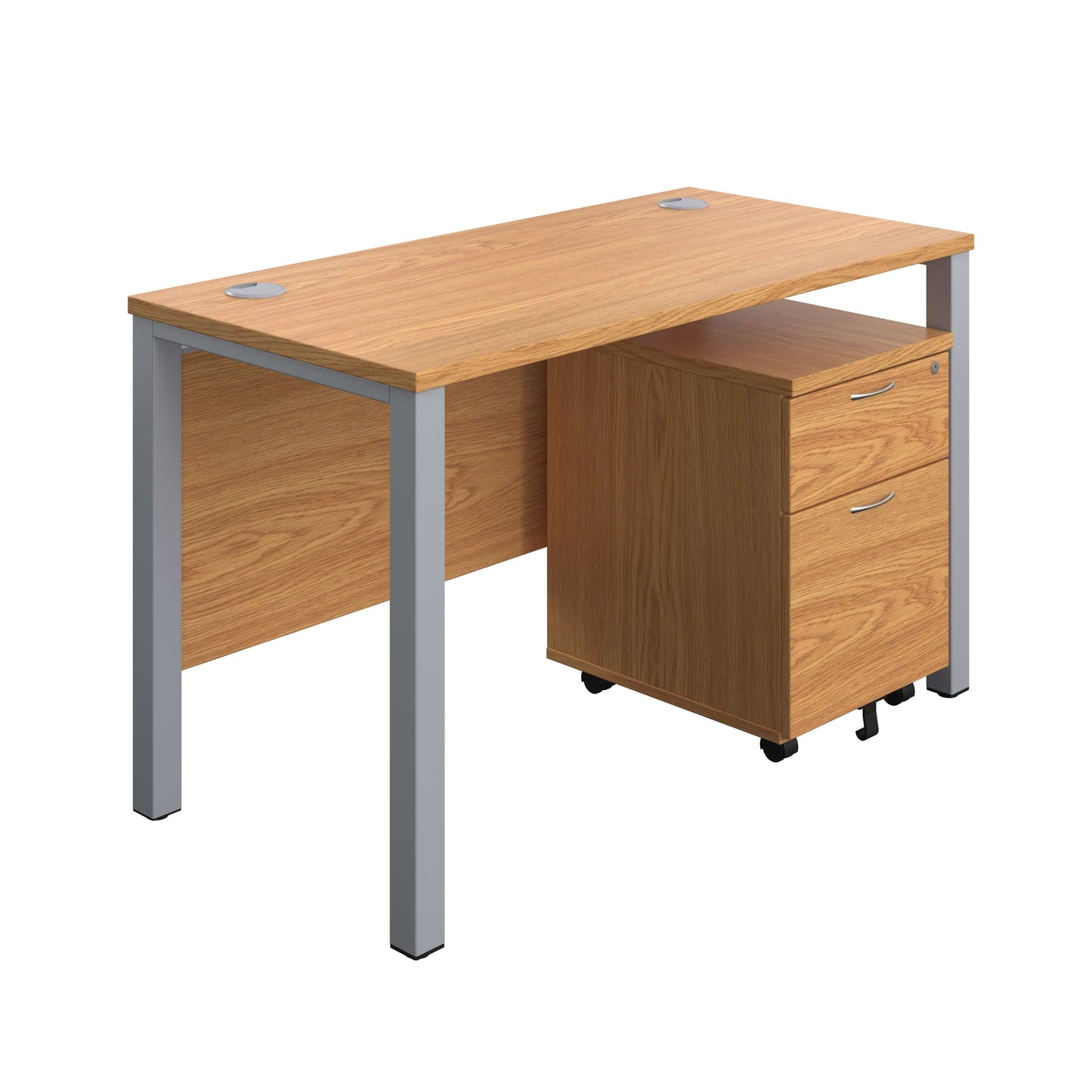 Goal Post Rectangular Desk + 2 Drawer Mobile Pedestal (FSC) | 1200x600 | Nova oak/Silver