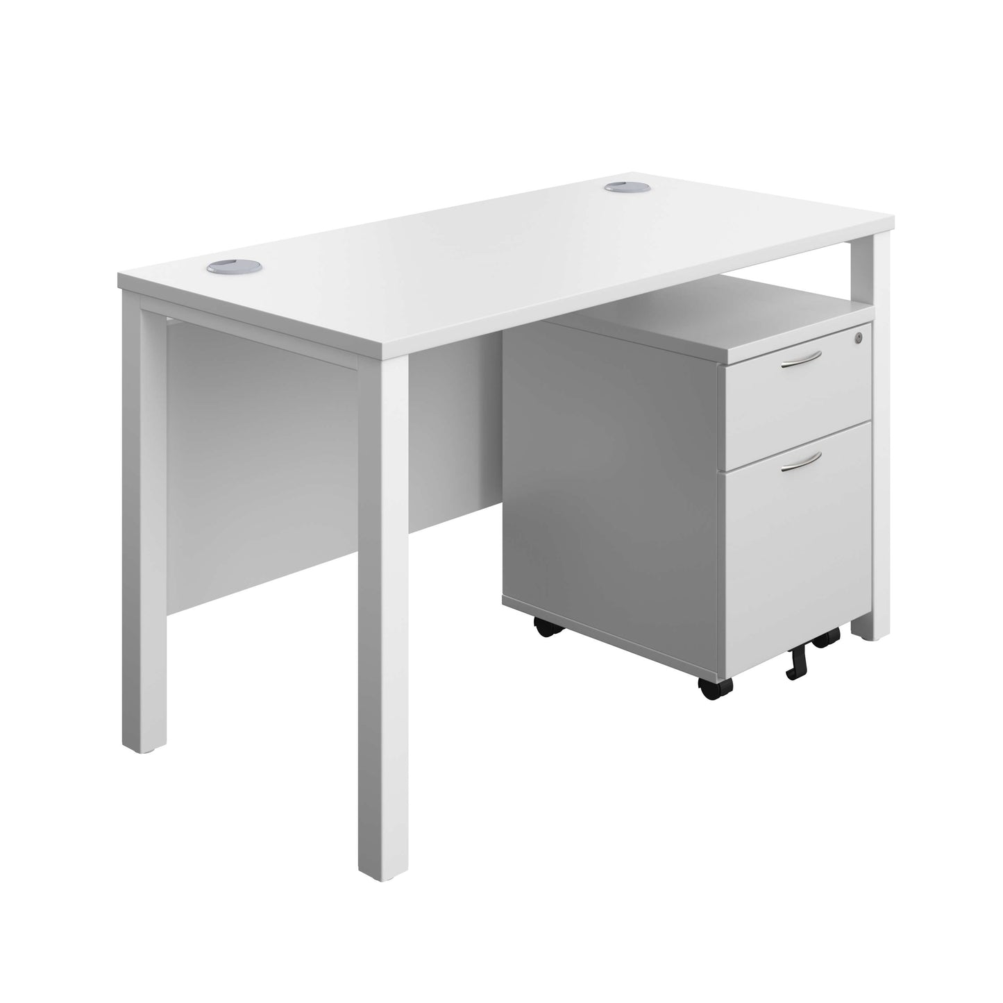 Goal Post Rectangular Desk + 2 Drawer Mobile Pedestal (FSC) | 1200x600 | White/White