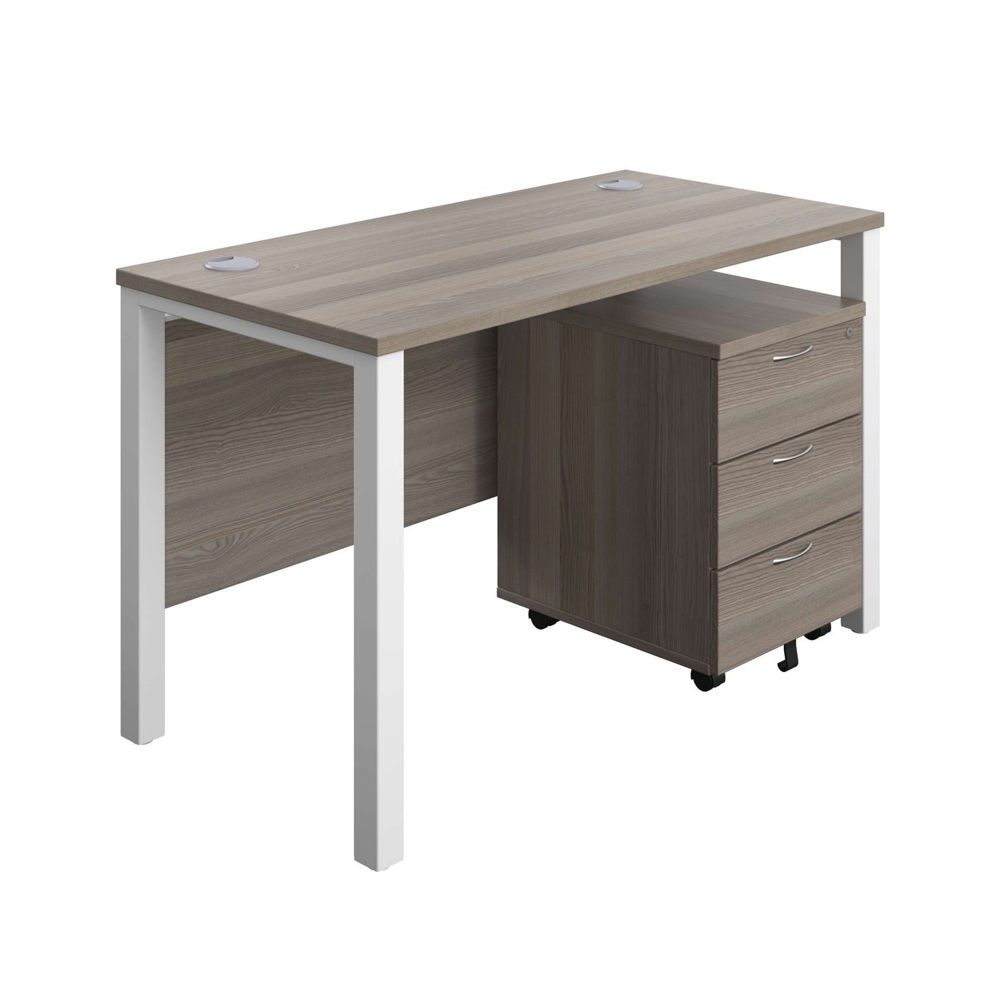 Goal Post Rectangular Desk + 3 Drawer Mobile Pedestal (FSC) | 1200x600 | Grey oak/White