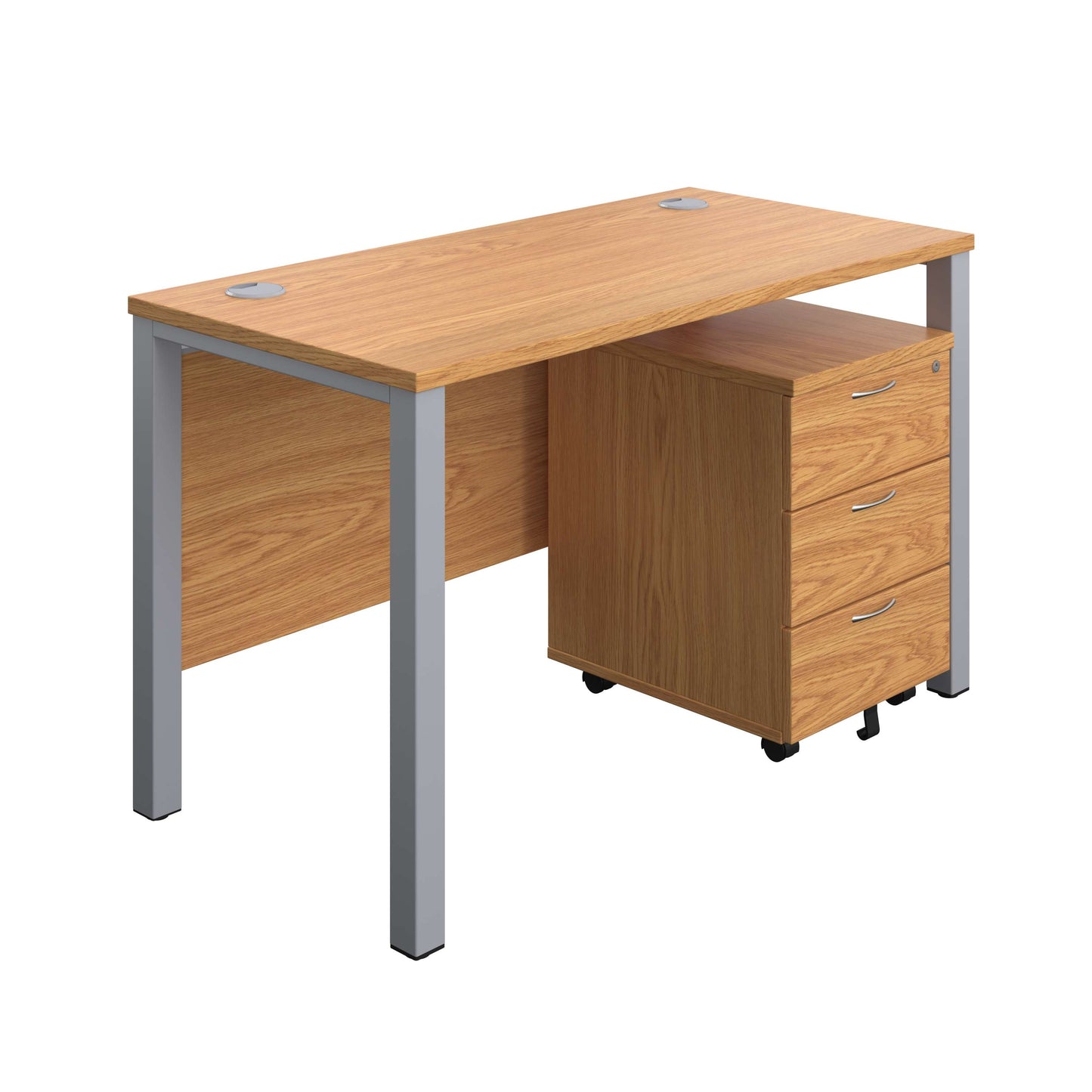Goal Post Rectangular Desk + 3 Drawer Mobile Pedestal (FSC) | 1200x600 | Nova oak/Silver