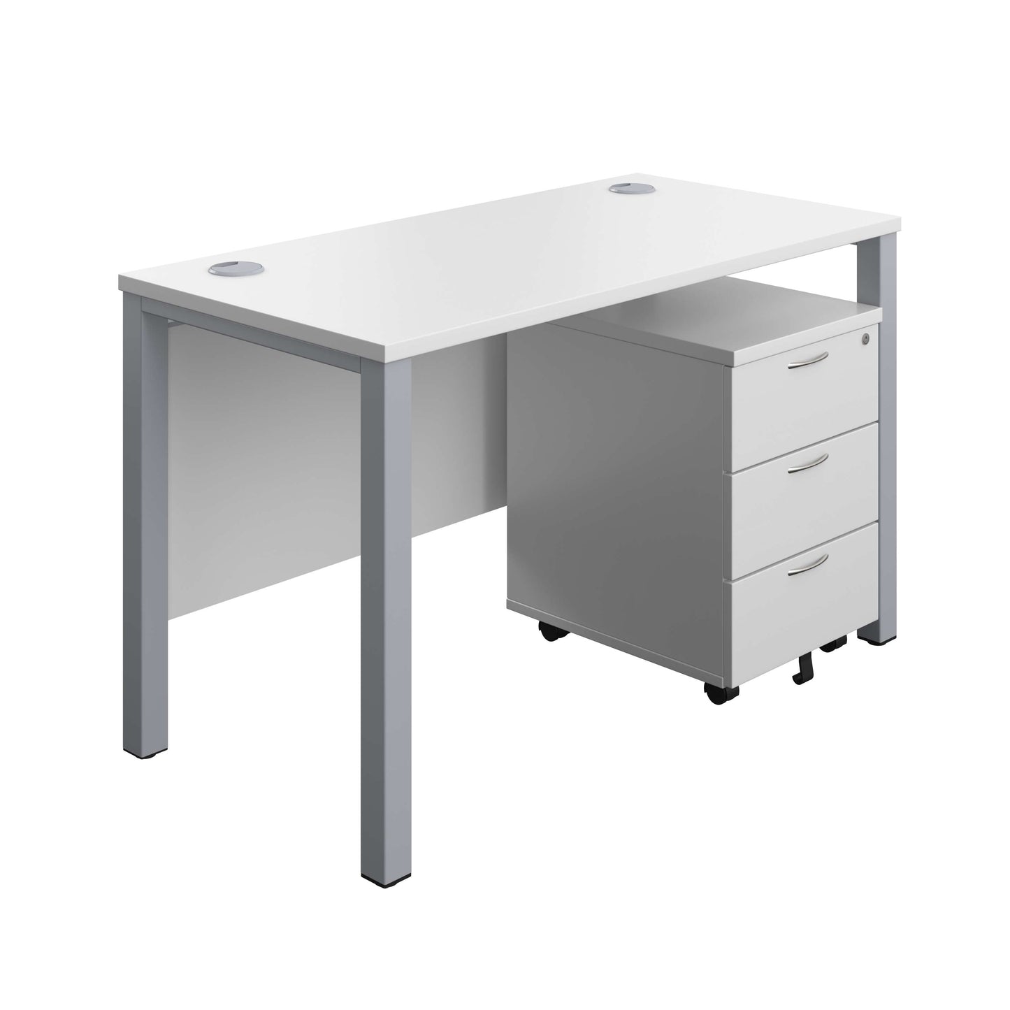 Goal Post Rectangular Desk + 3 Drawer Mobile Pedestal (FSC) | 1200x600 | White/Silver