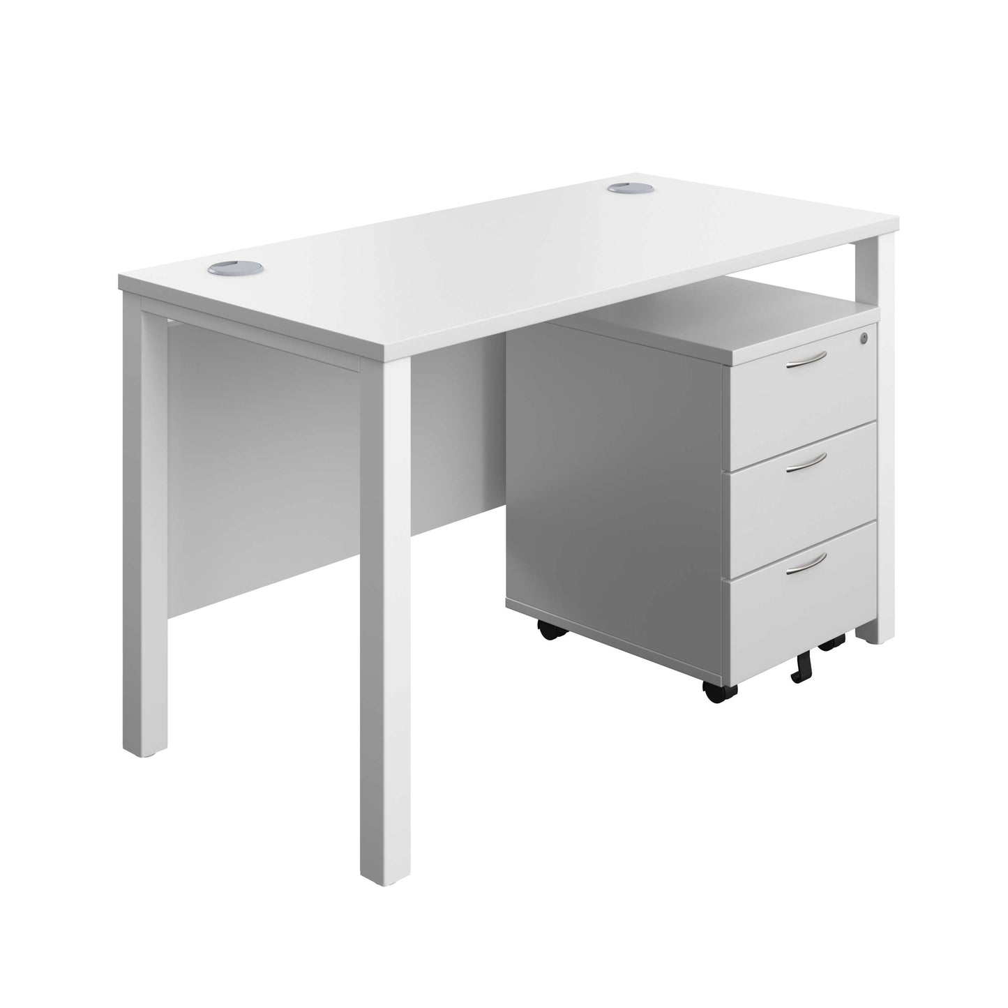 Goal Post Rectangular Desk + 3 Drawer Mobile Pedestal (FSC) | 1200x600 | White/White