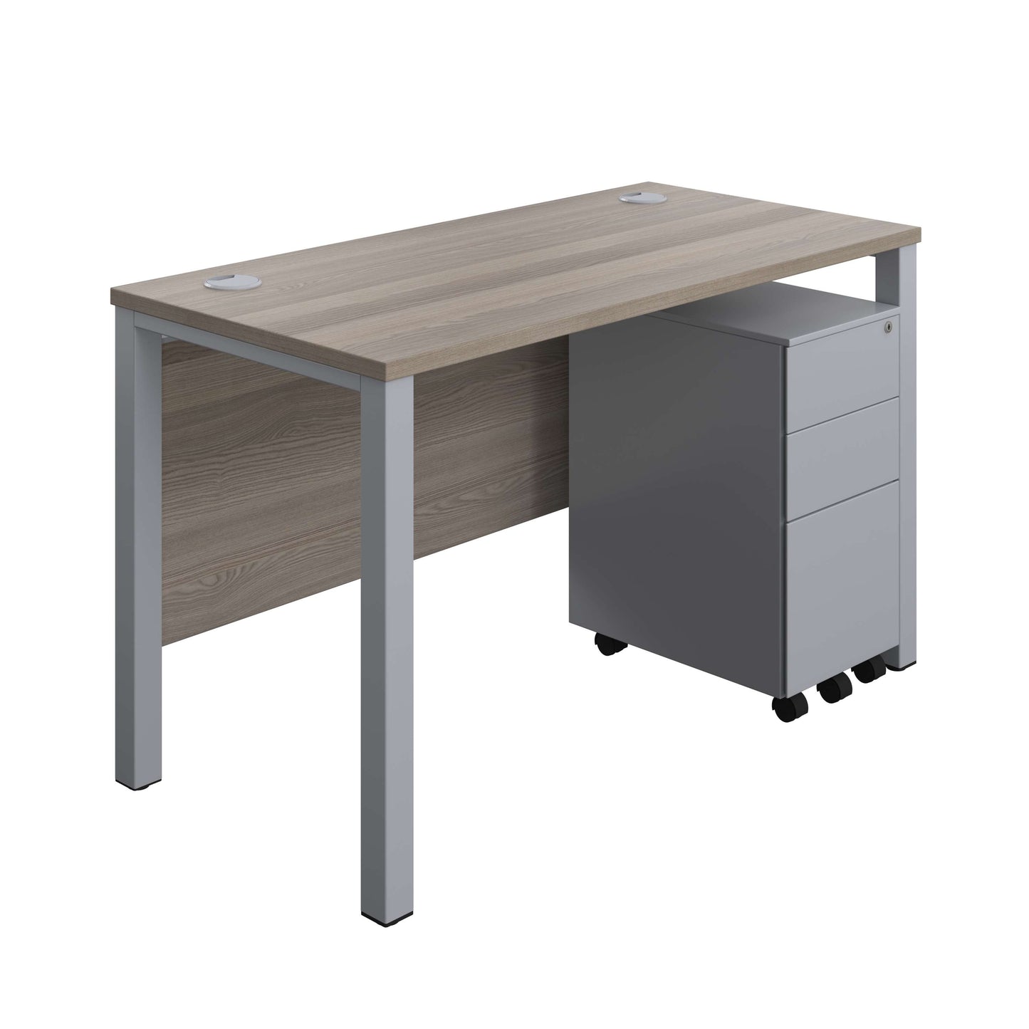 Goal Post Rectangular Desk + 3 Drawer Slimline Steel Pedestal (FSC) | 1200x600 | Grey oak/Silver