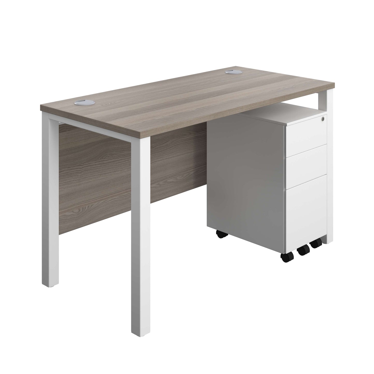 Goal Post Rectangular Desk + 3 Drawer Slimline Steel Pedestal (FSC) | 1200x600 | Grey oak/White