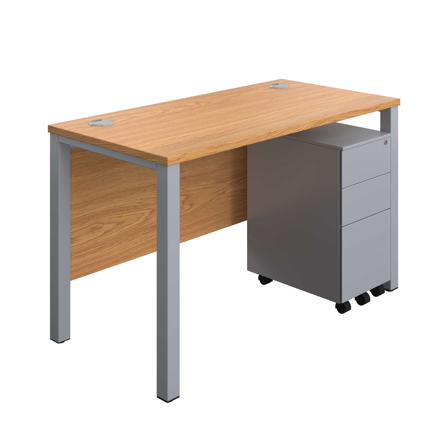Goal Post Rectangular Desk + 3 Drawer Slimline Steel Pedestal (FSC) | 1200x600 | Nova oak/Silver